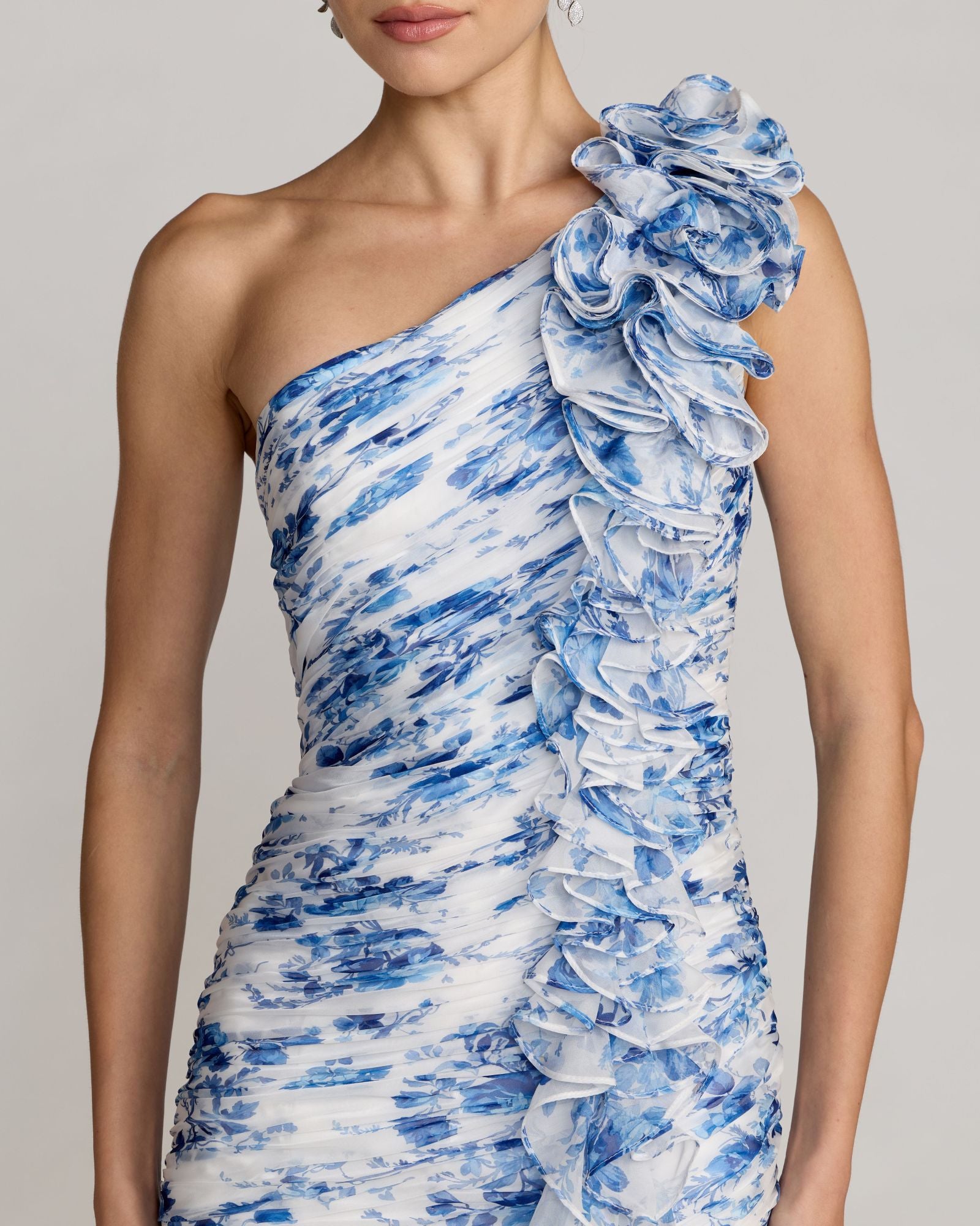 Petite Blue Ruched Floral Chiffon Gown With 3D Ruffles Ieena for Mac Duggal