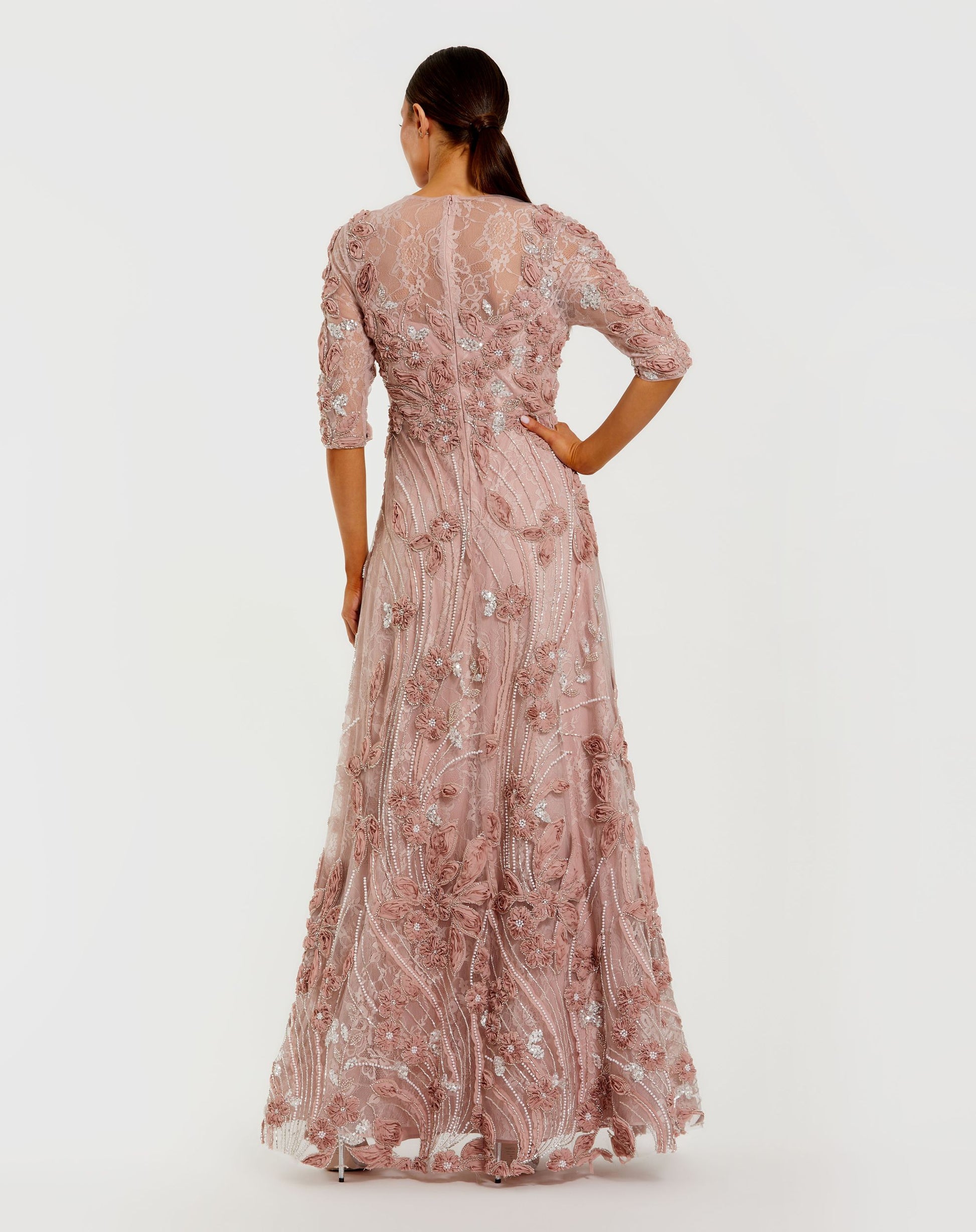 Pink Petite 3/4 Sleeve High Neck Embroidered A Line Gown Mac Duggal