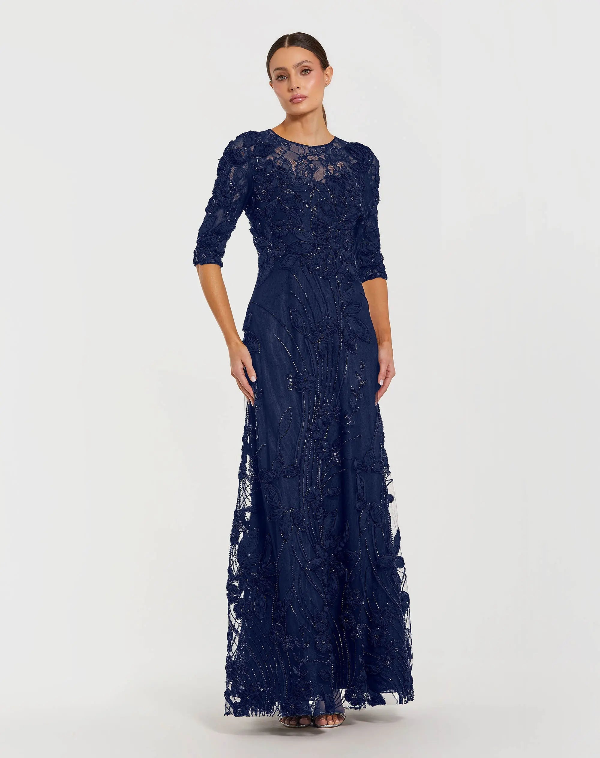 Petite Navy High Neck Embellished Lace Gown with 3/4 Sleeves - Mac Duggal