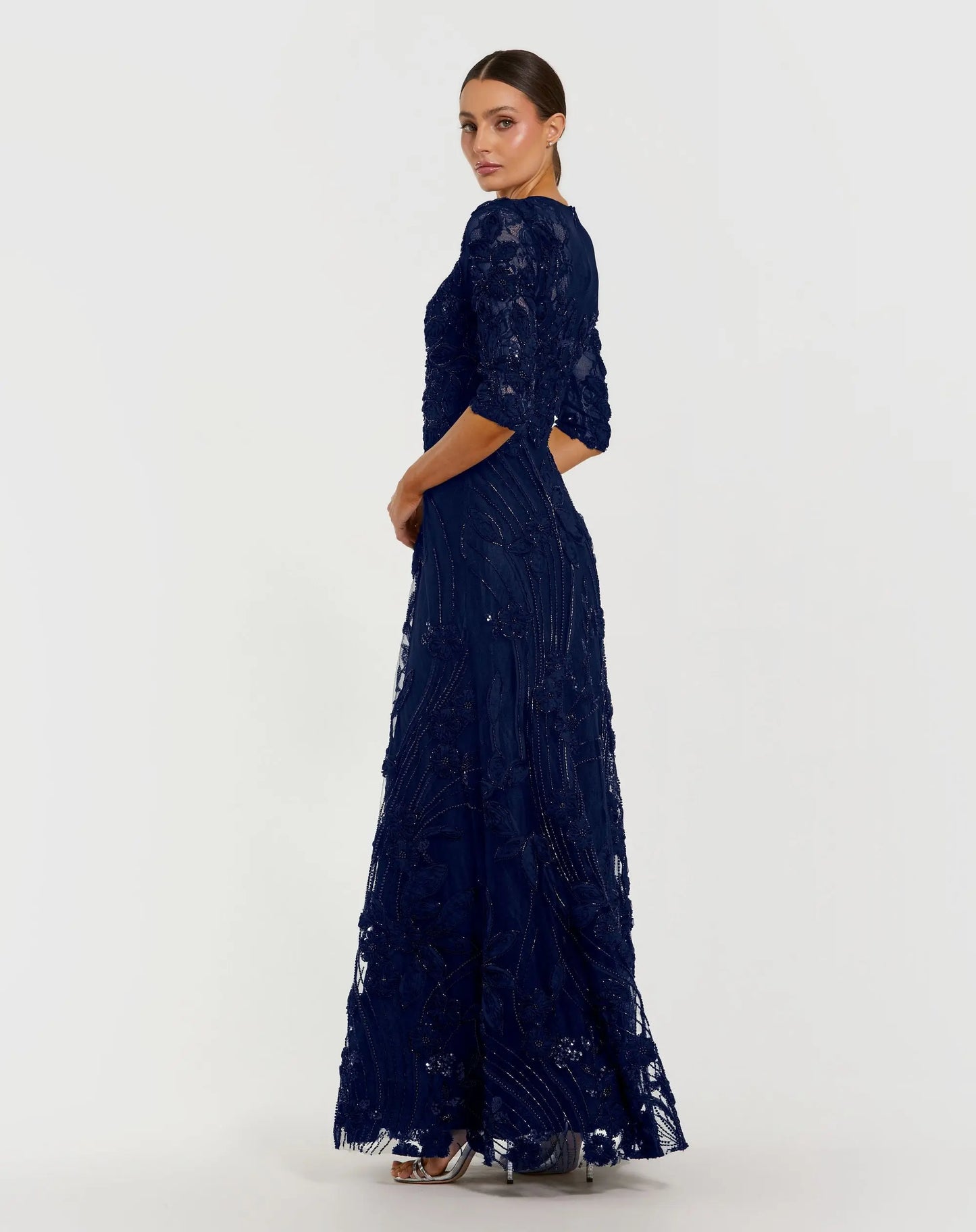 Petite Navy High Neck Embellished Lace Gown with 3/4 Sleeves - Mac Duggal