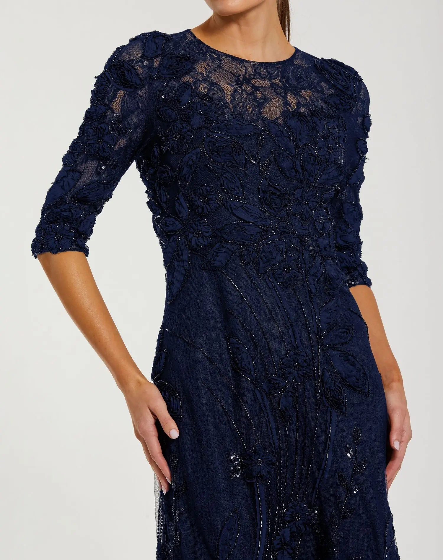 Petite Navy High Neck Embellished Lace Gown with 3/4 Sleeves - Mac Duggal