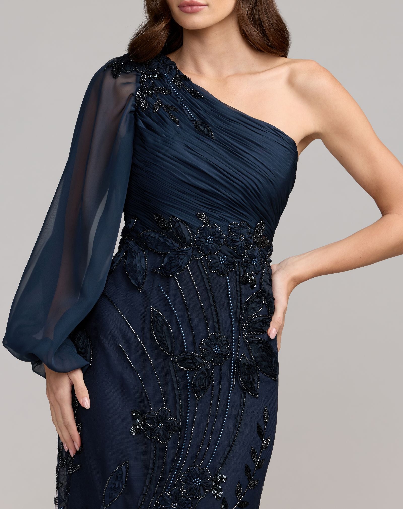 Petite Navy One Sleeve Chiffon Embellished Gown