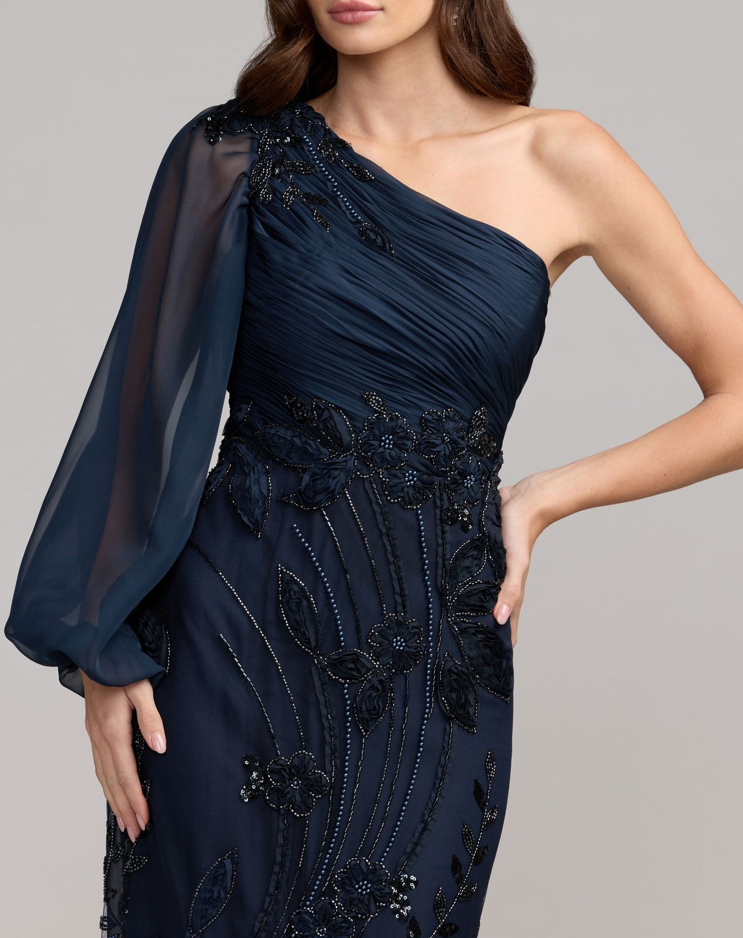 Petite Navy One Sleeve Chiffon Embellished Gown - Mac Duggal