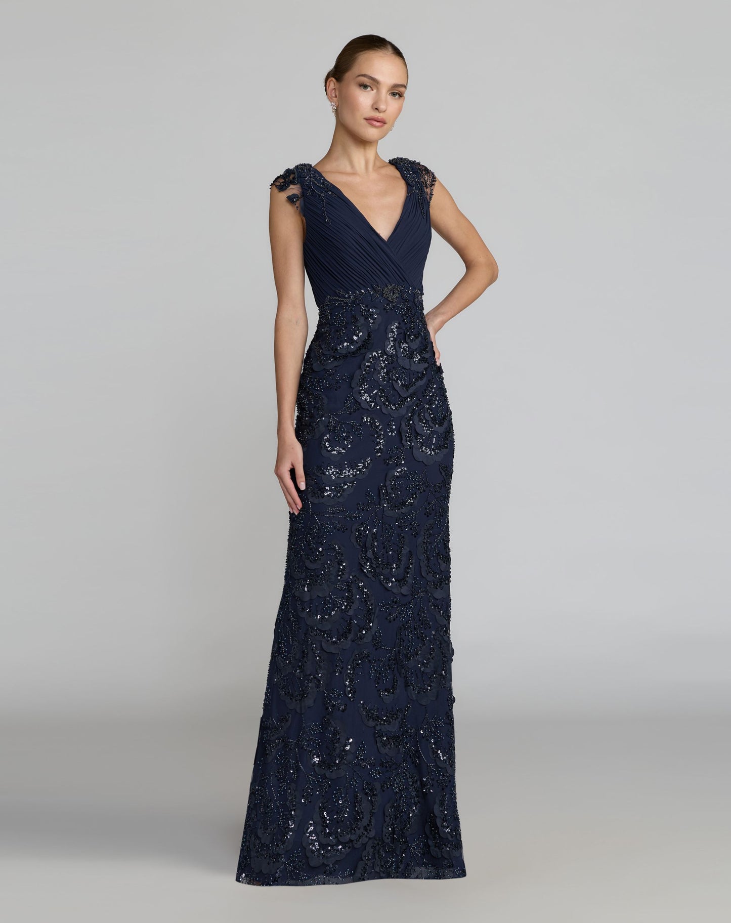 Petite Navy Floral Beaded Chiffon V-Neck Evening Gown - Mac Duggal