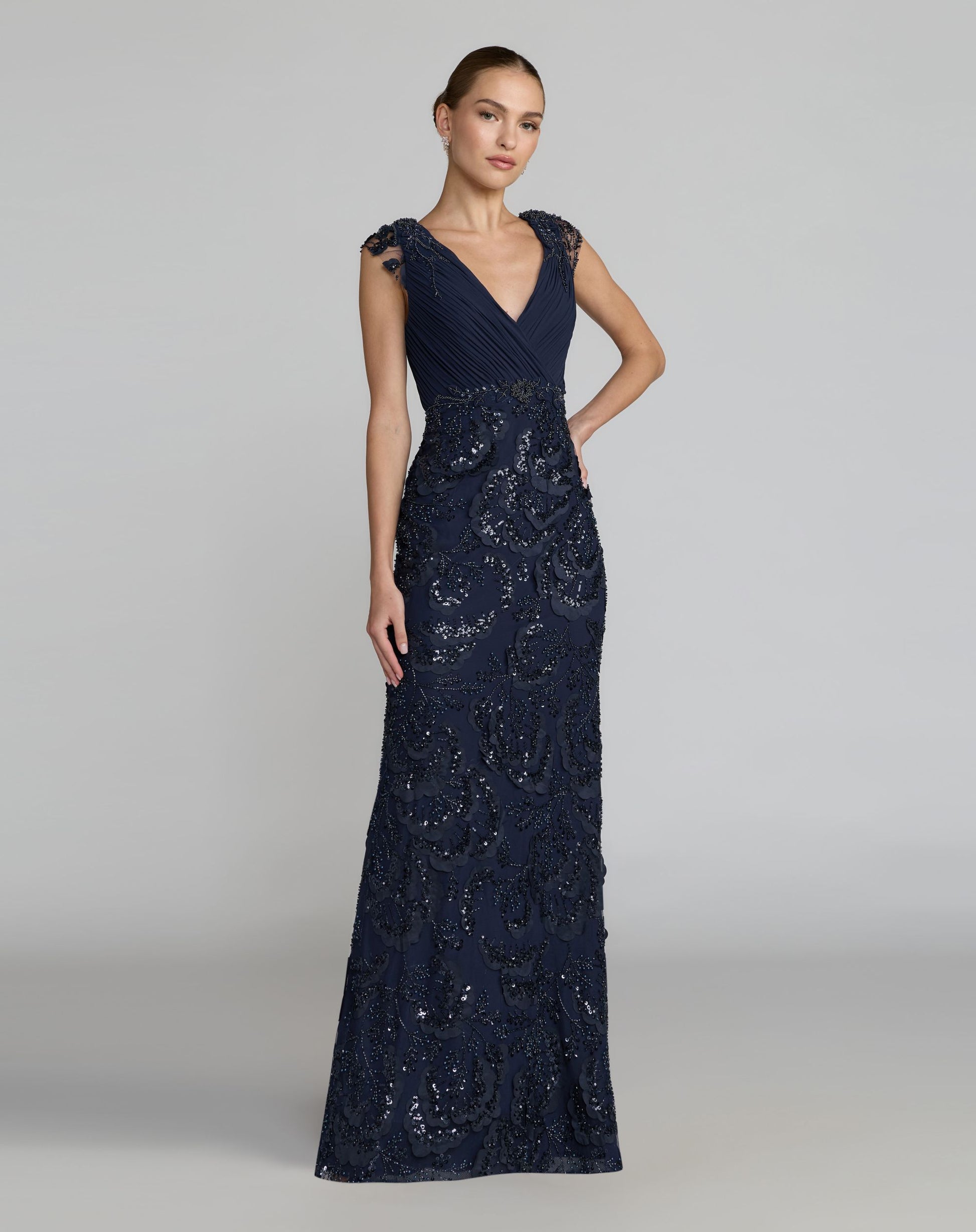 Petite Navy Floral Beaded Chiffon V-Neck Evening Gown - Mac Duggal