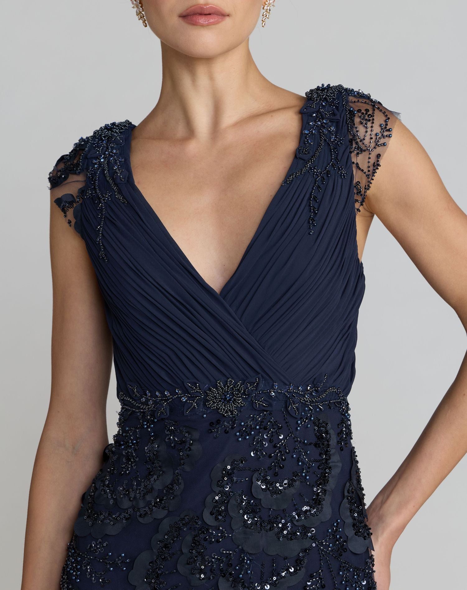 Petite Navy Floral Beaded Chiffon V-Neck Evening Gown - Mac Duggal