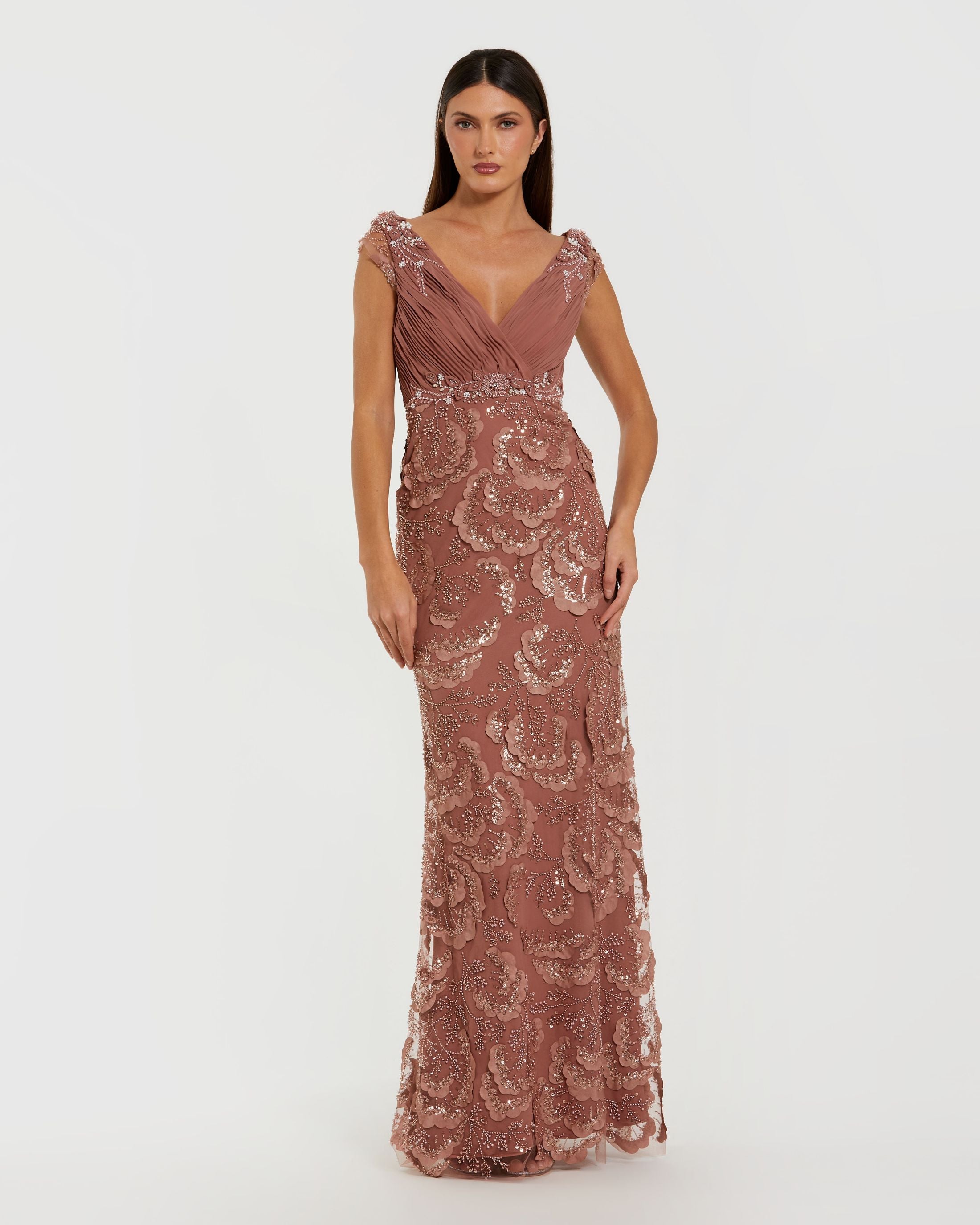 Petite Pink Floral Beaded Chiffon V-Neck Evening Gown - Mac Duggal