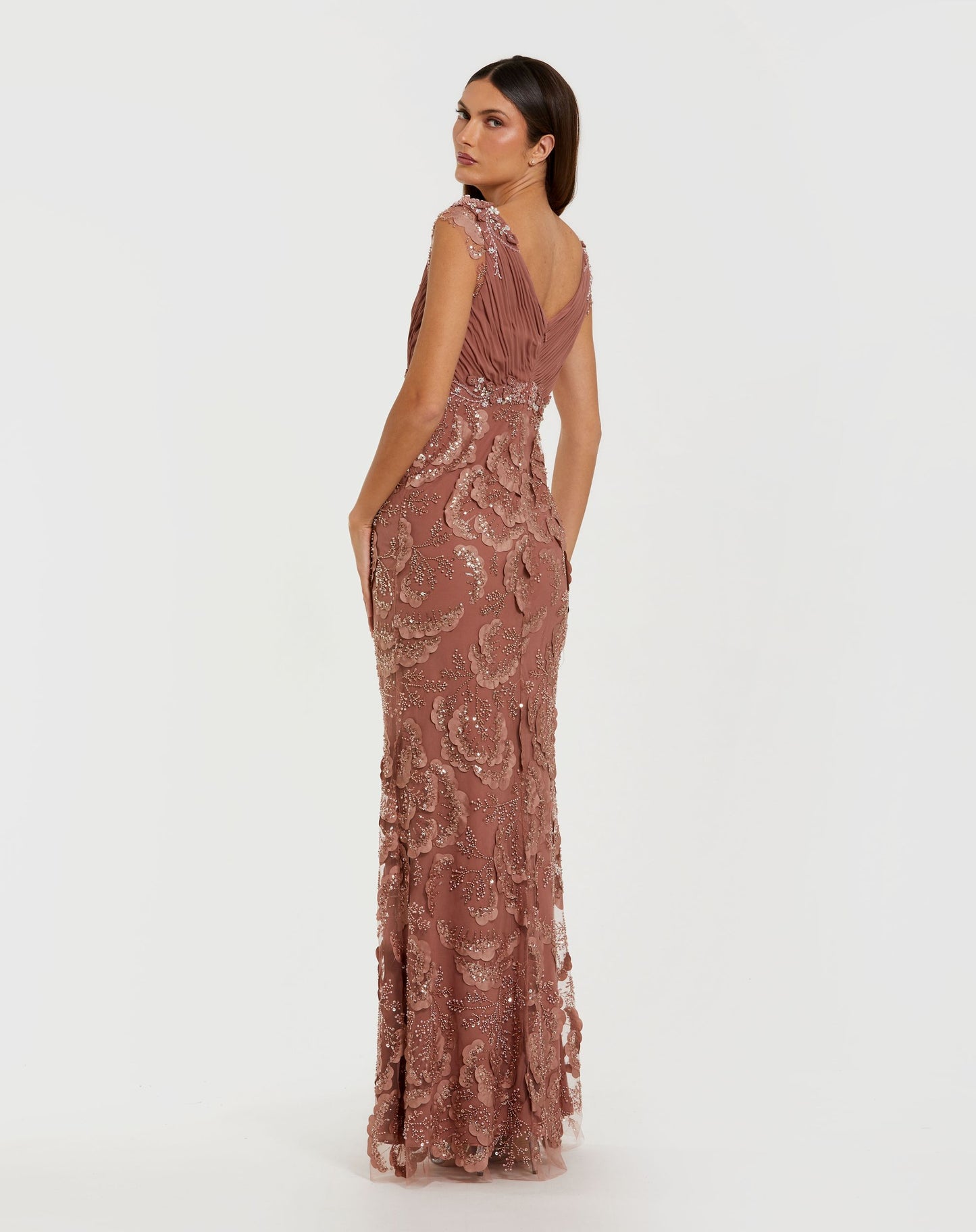 Petite Pink Floral Beaded Chiffon V-Neck Evening Gown - Mac Duggal