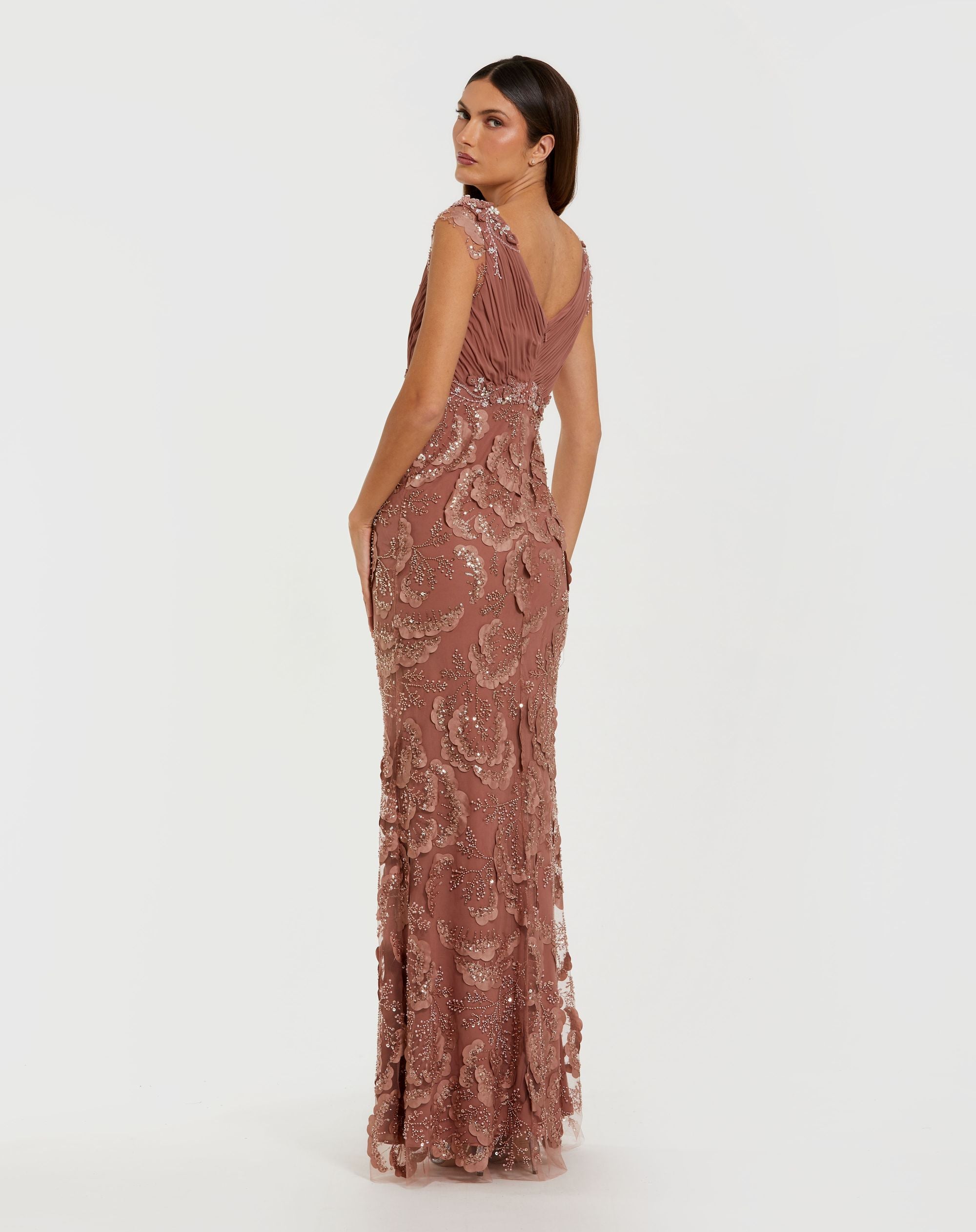 Petite Pink Floral Beaded Chiffon V-Neck Evening Gown - Mac Duggal