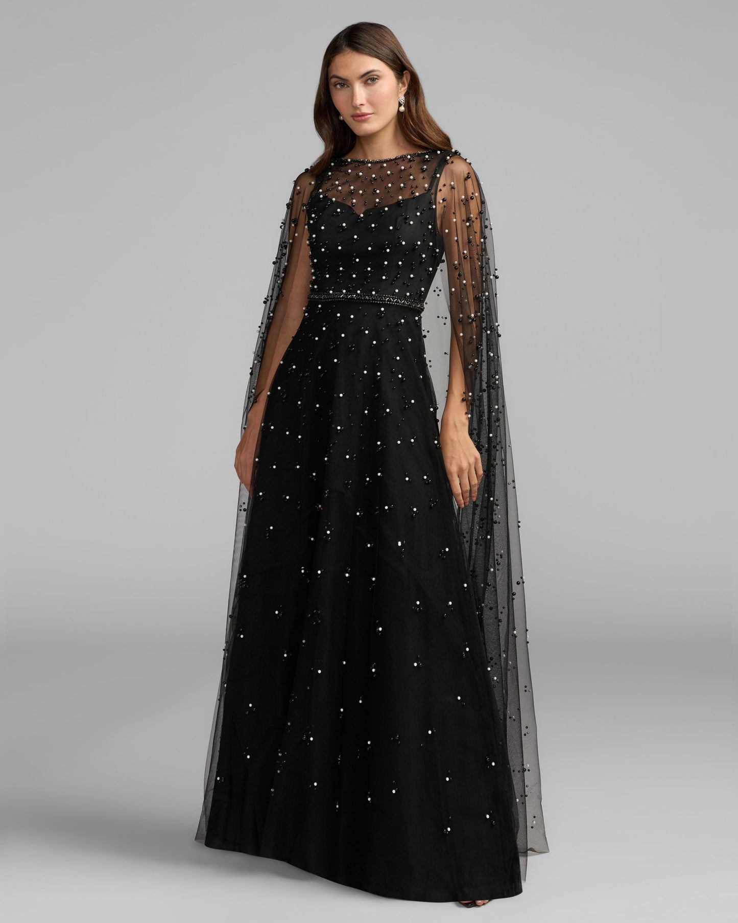 Black Pearl Embellished Cape Sleeve Gown Mac Duggal