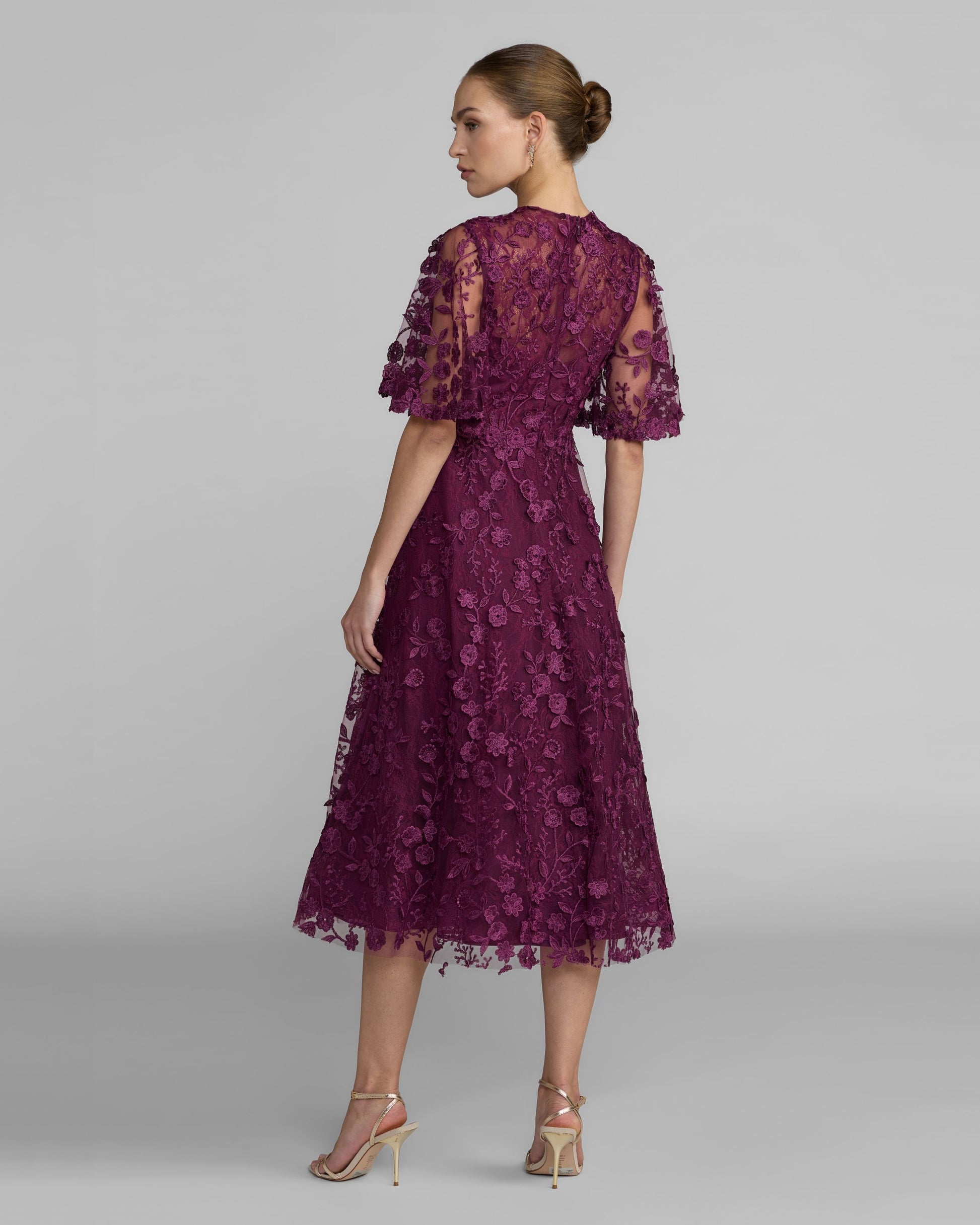 Petite Purple Flutter Sleeve Embroidered Midi Dress