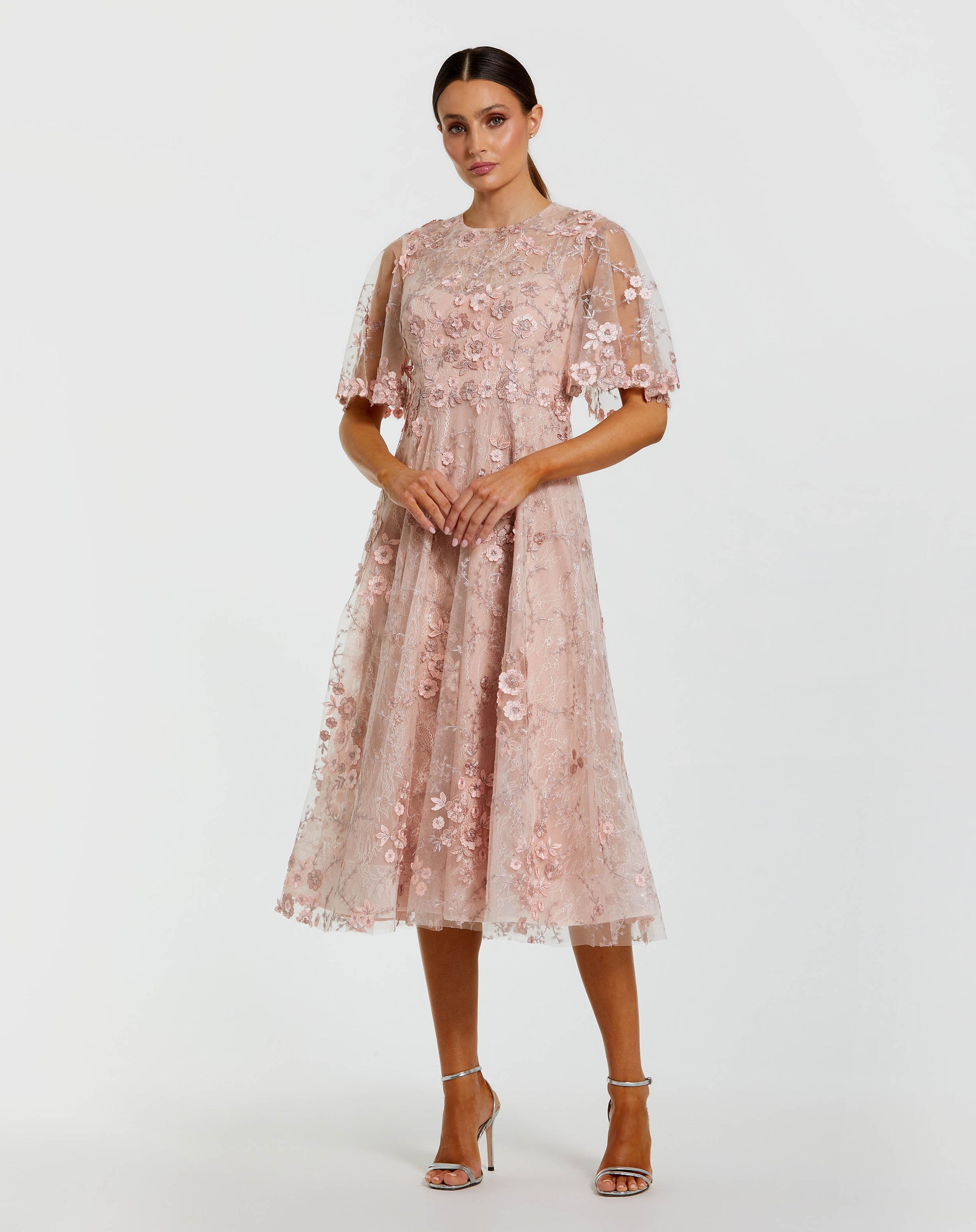 Petite Pink Flutter Sleeve Embroidered Midi Dress