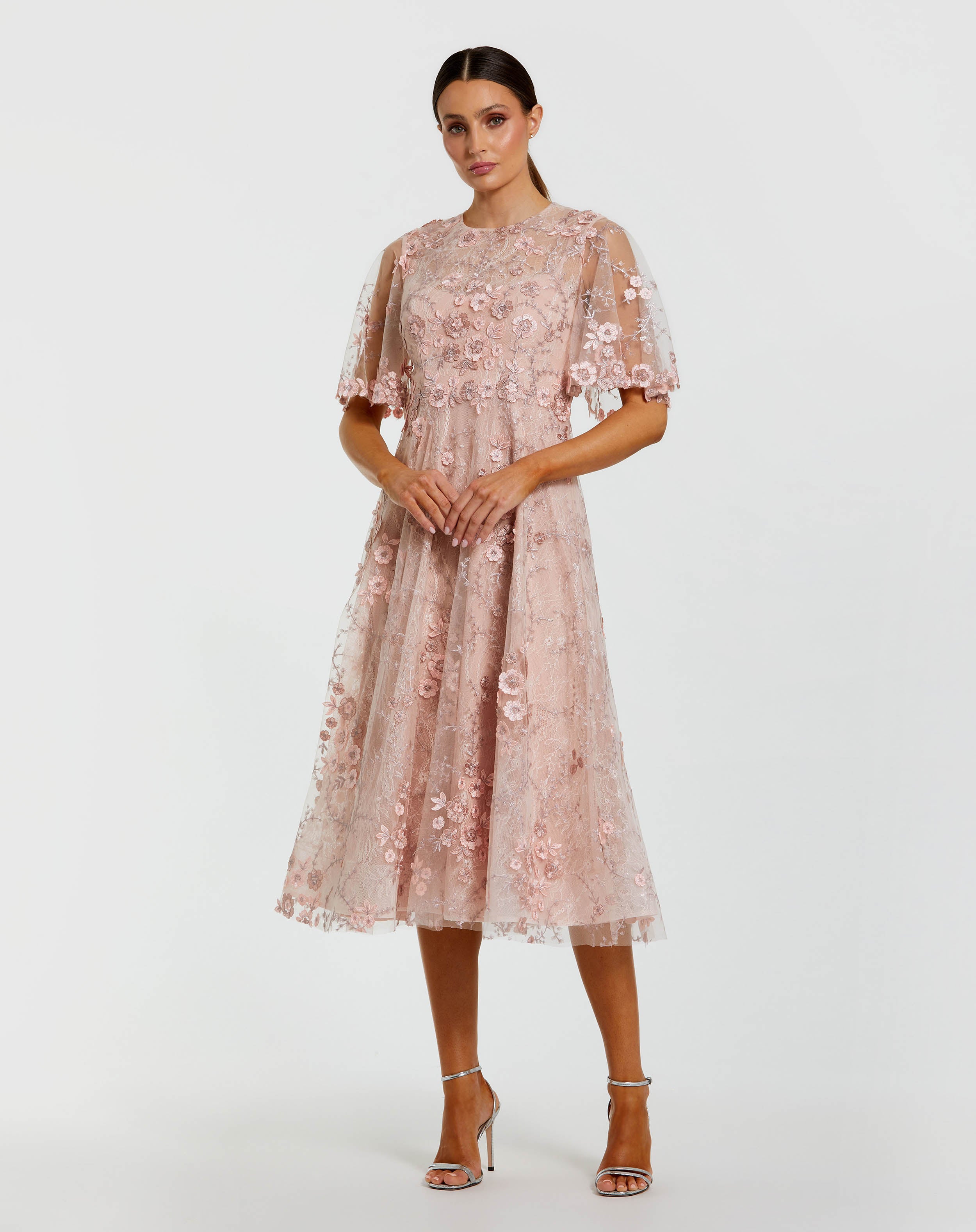 Petite Pink Flutter Sleeve Embroidered Midi Dress Mac Duggal
