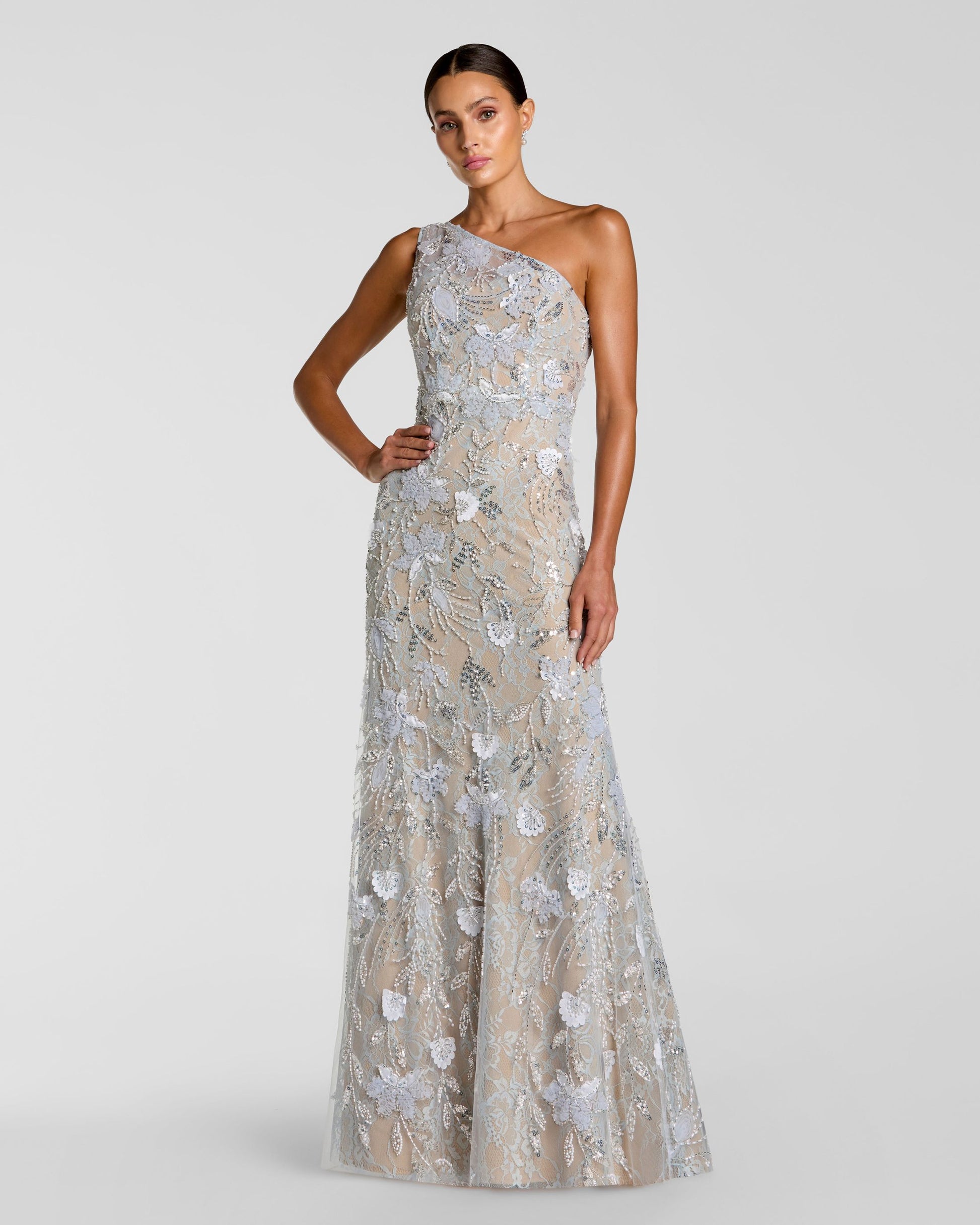 Petite Blue Sleeveless One Shoulder Embellished Lace Gown Mac Duggal