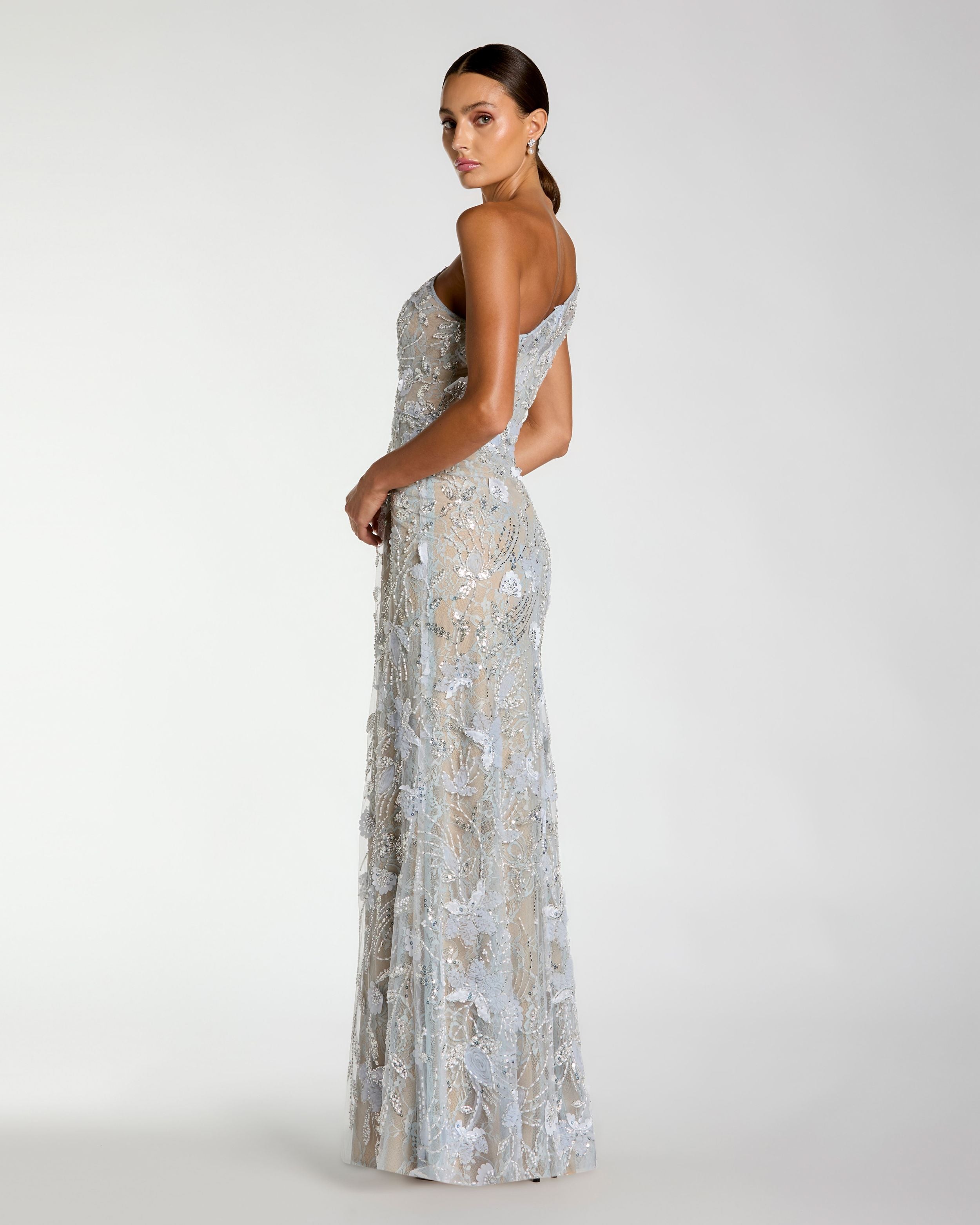 Petite Blue Sleeveless One Shoulder Embellished Lace Gown Mac Duggal