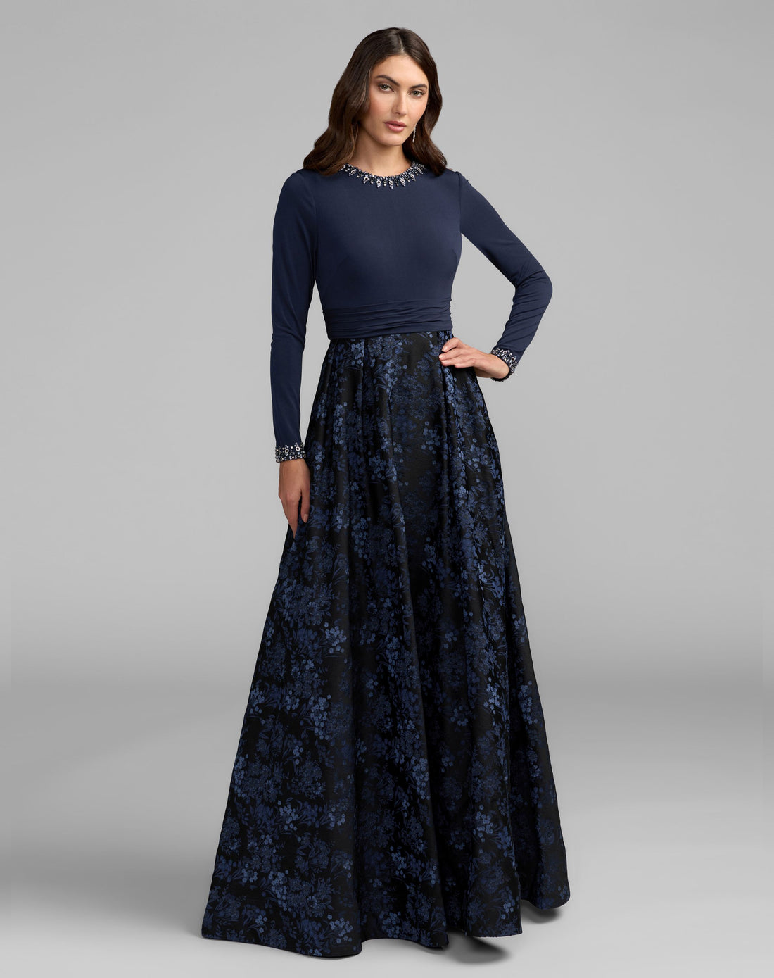 Petite Navy Floral Brocade A-Line Gown With Pockets - Mac Duggal