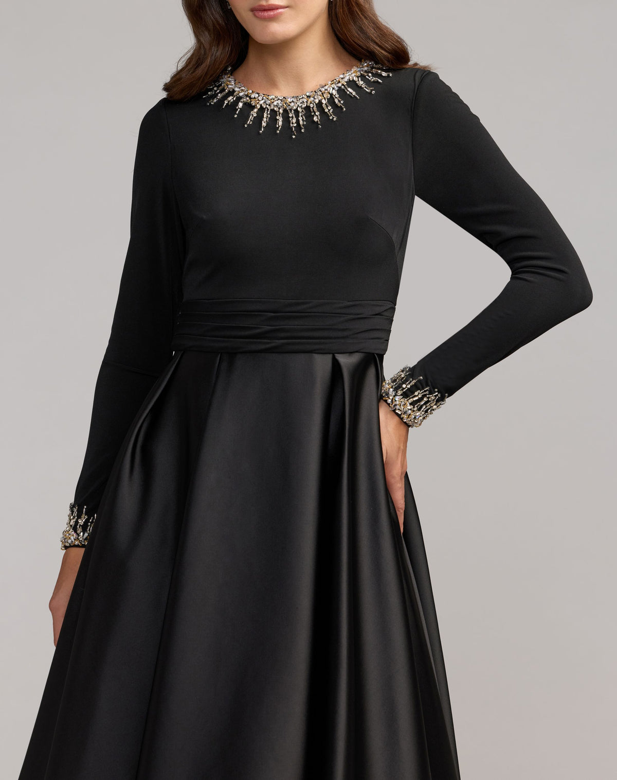 Petite Black Jersey and Satin Long Sleeve A-Line Gown - Ieena for Mac Duggal