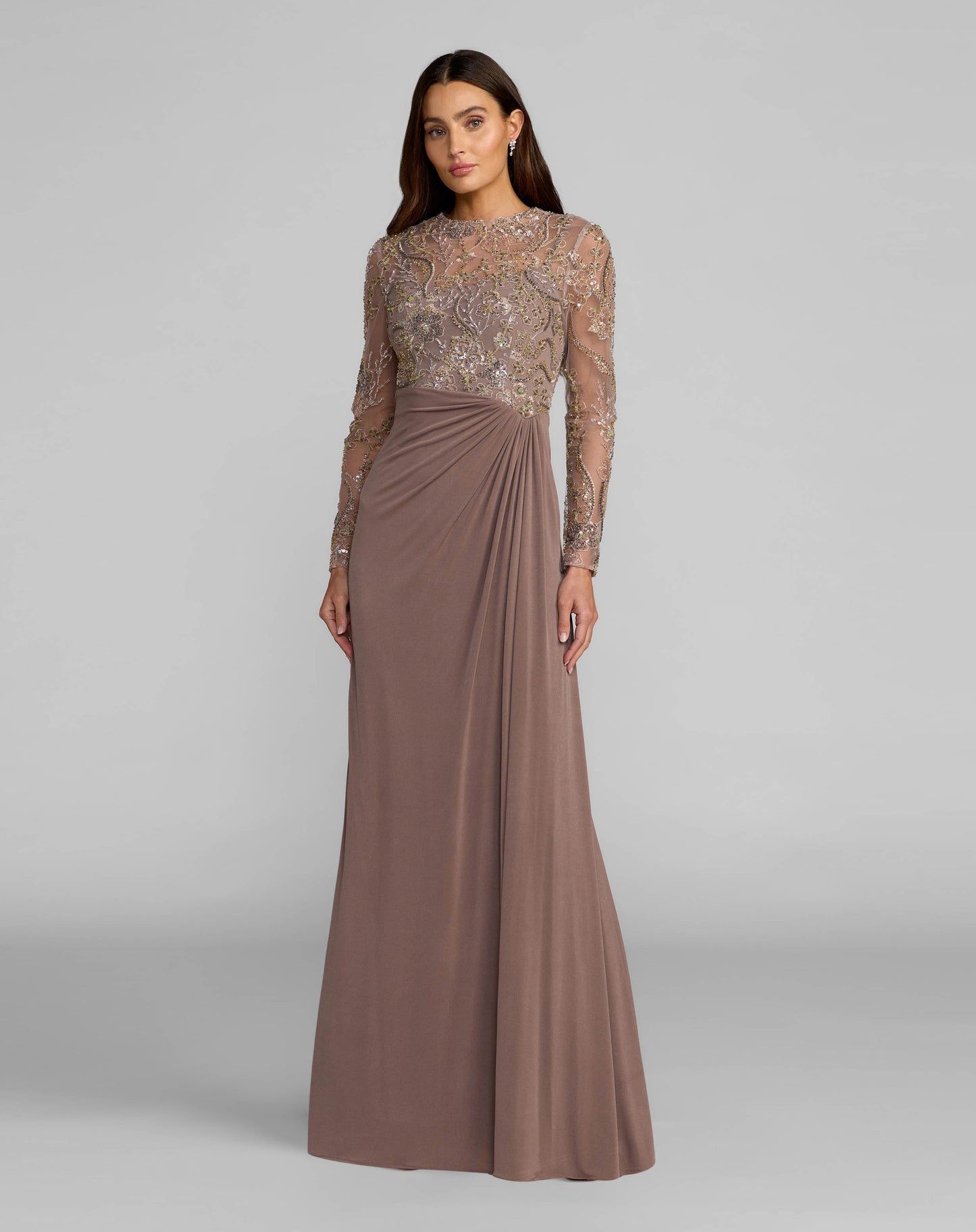 Petite Brown Embroidered Illusion Long Sleeve Draped Gown Mac Duggal