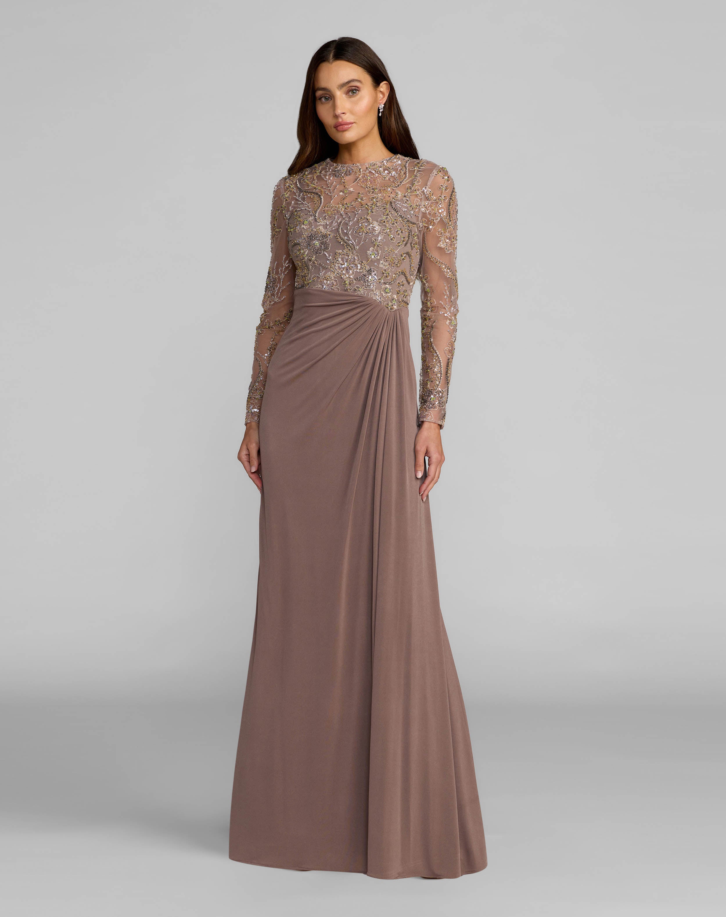 Petite Brown Embroidered Illusion Long Sleeve Draped Gown Mac Duggal