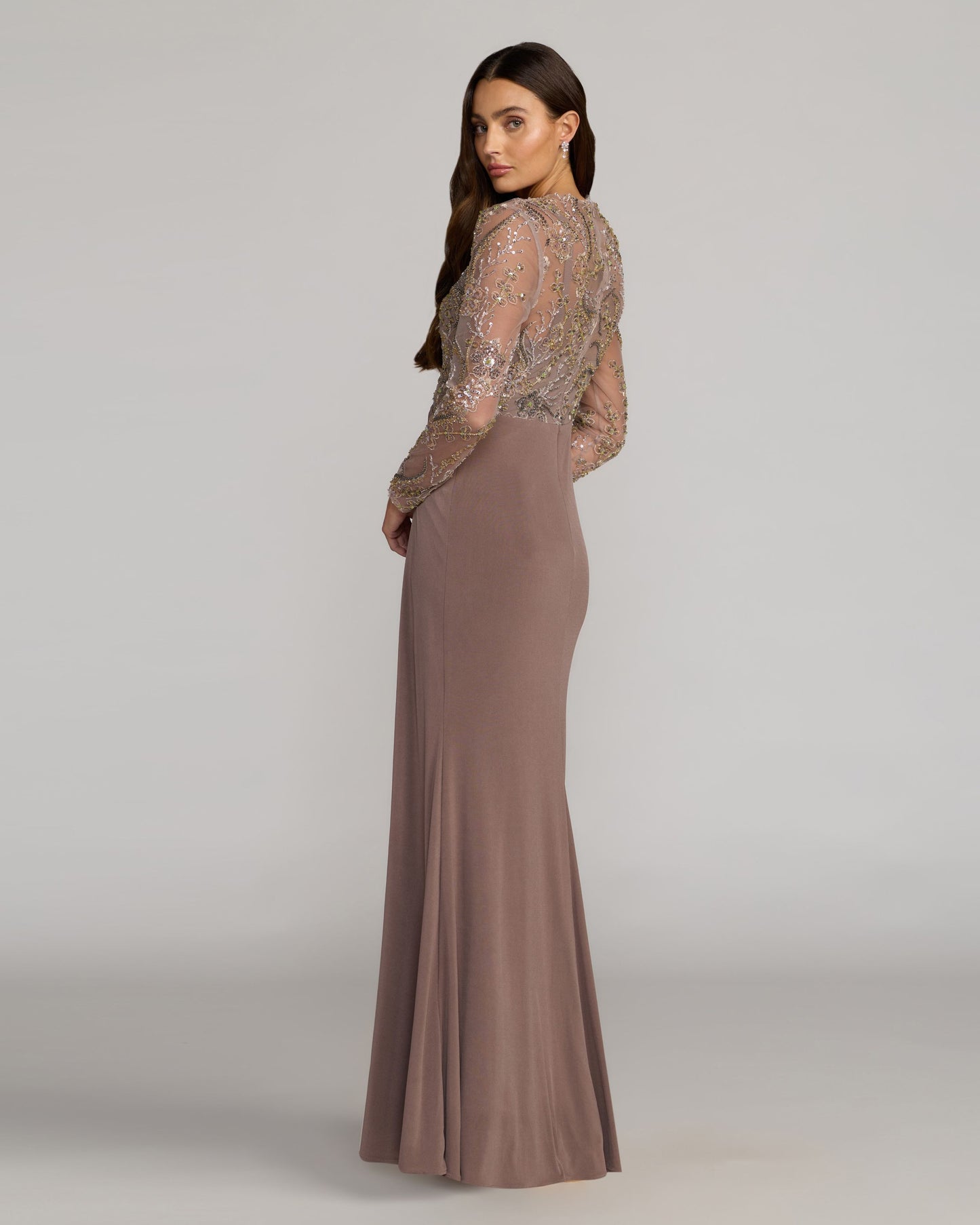 Petite Brown Embroidered Illusion Long Sleeve Draped Gown Mac Duggal