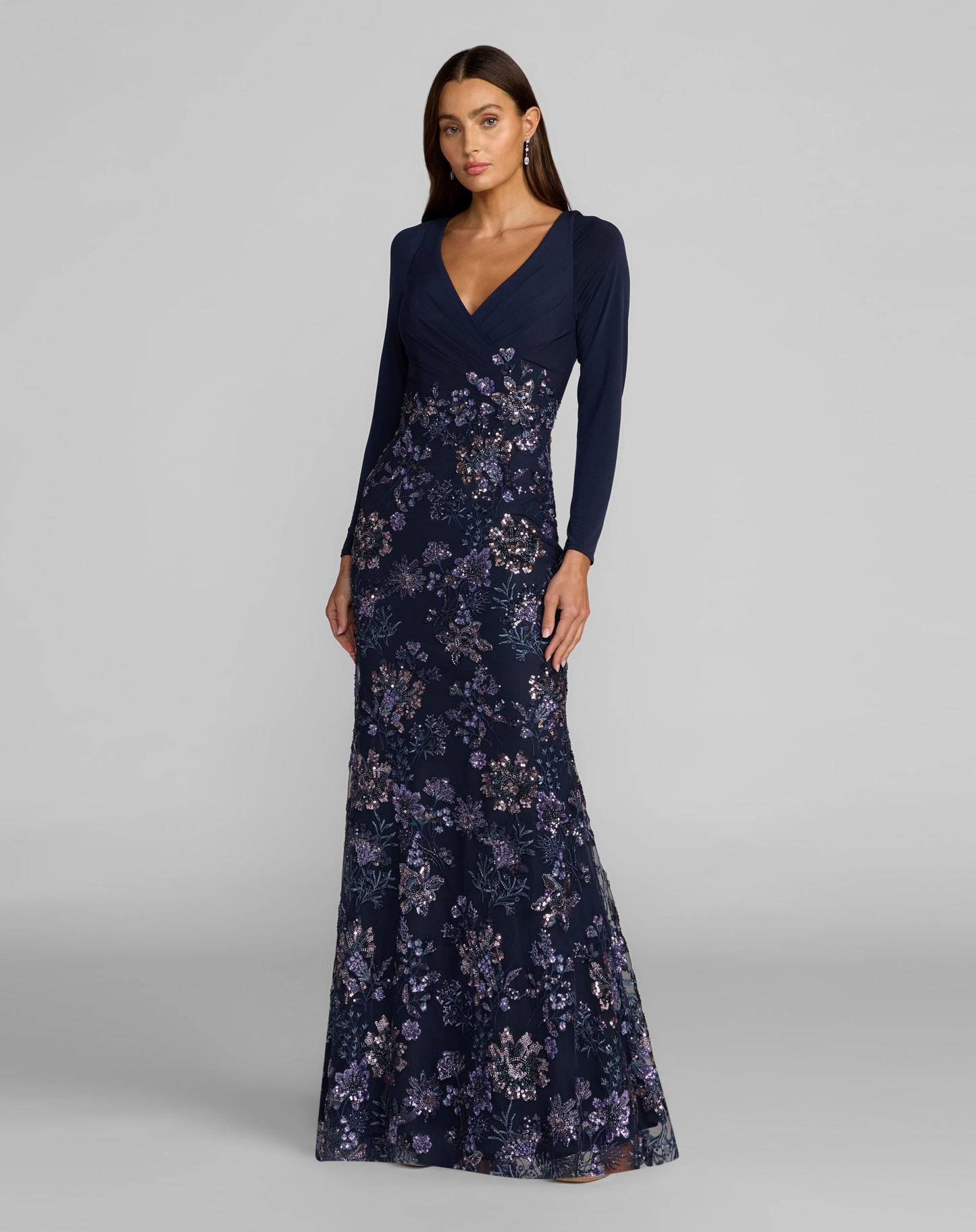 Petite Navy Floral Embroidered Jersey Long Sleeve Gown - Mac Duggal