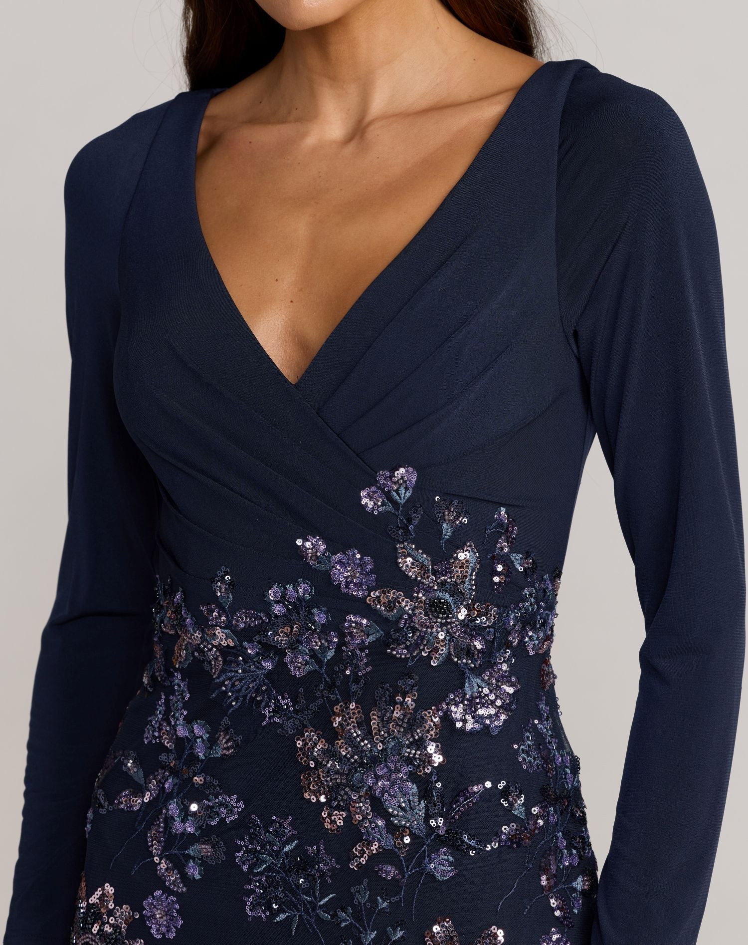Petite Navy Floral Embroidered Jersey Long Sleeve Gown - Mac Duggal