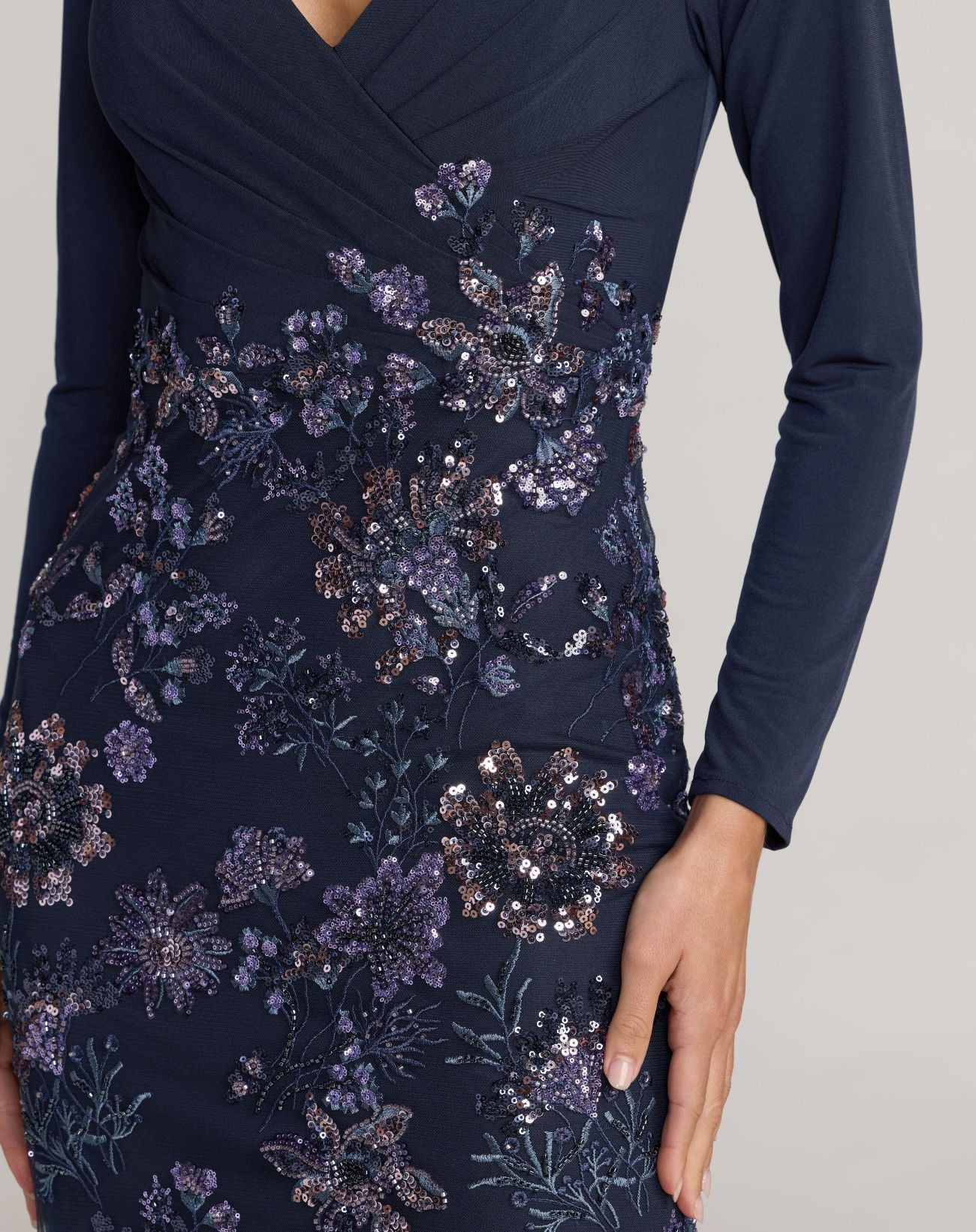 Petite Navy Floral Embroidered Jersey Long Sleeve Gown - Mac Duggal