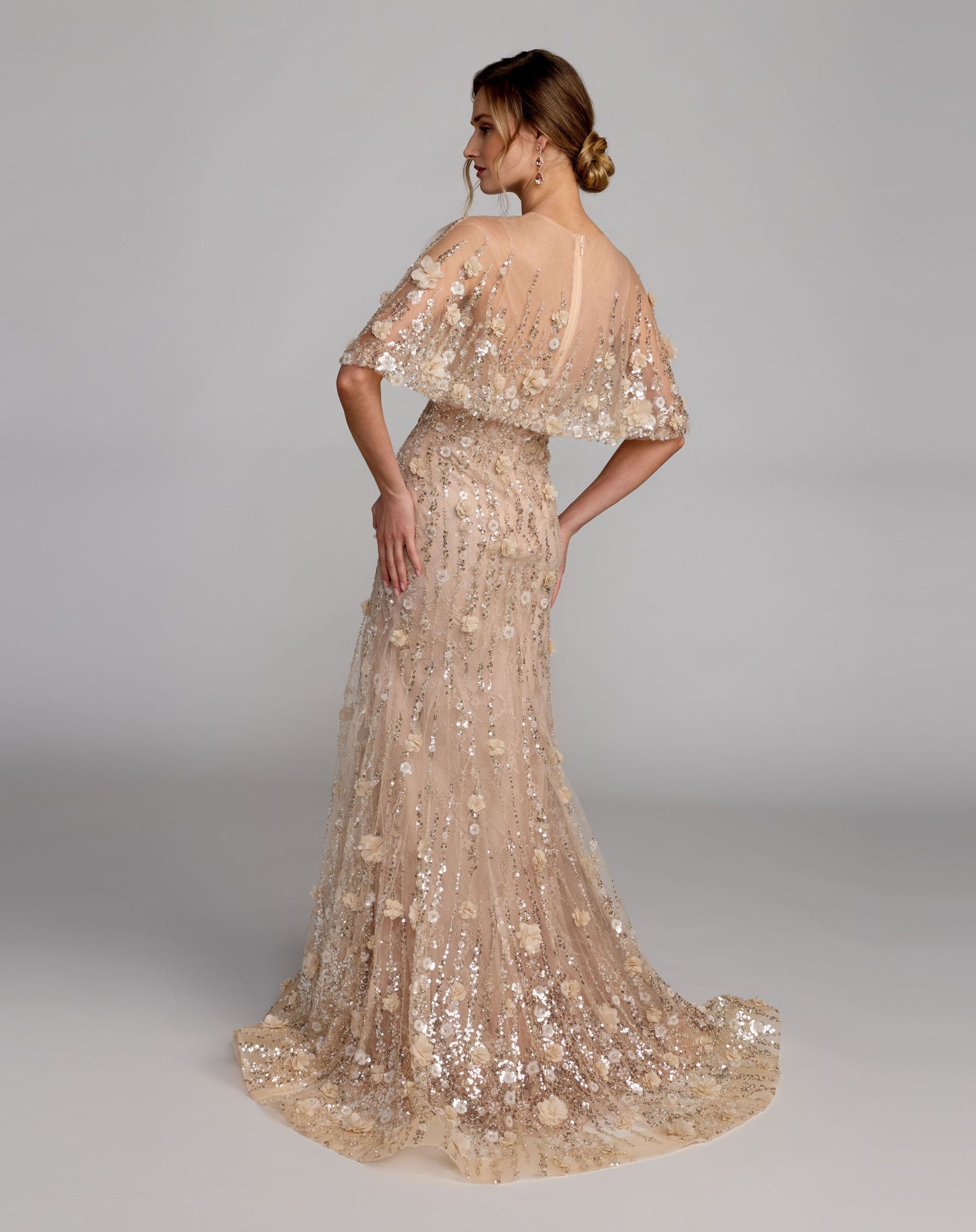 Petite Beige Embellished Cape Sleeve Mermaid Gown