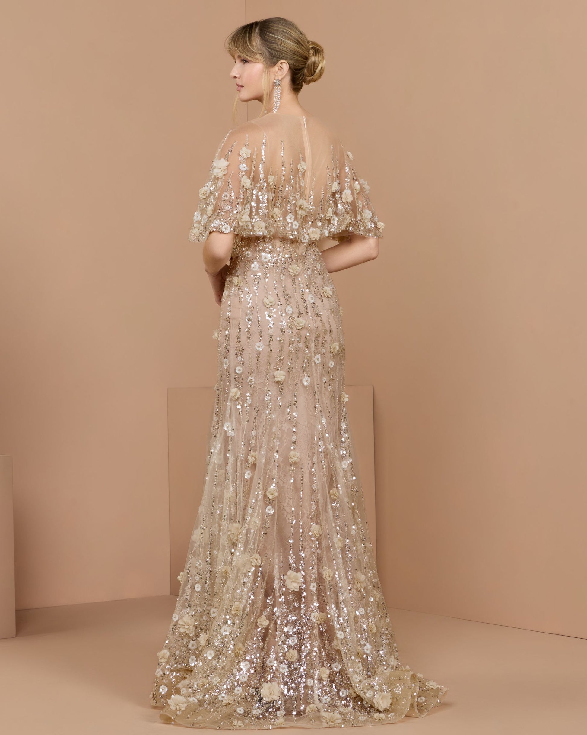 Petite Beige Embellished Cape Sleeve Mermaid Gown - Mac Duggal
