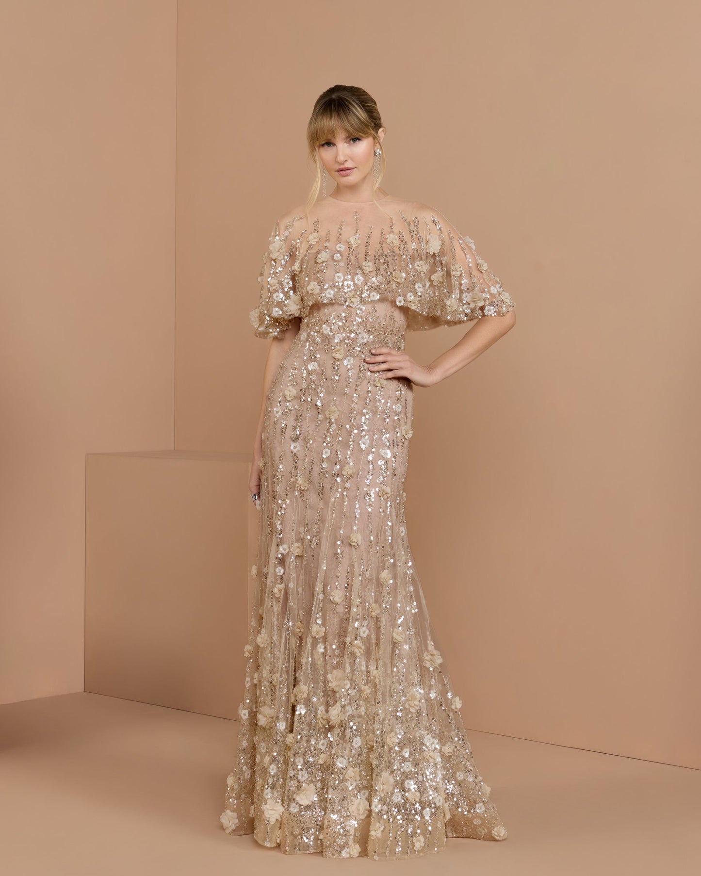 Petite Beige Embellished Cape Sleeve Mermaid Gown