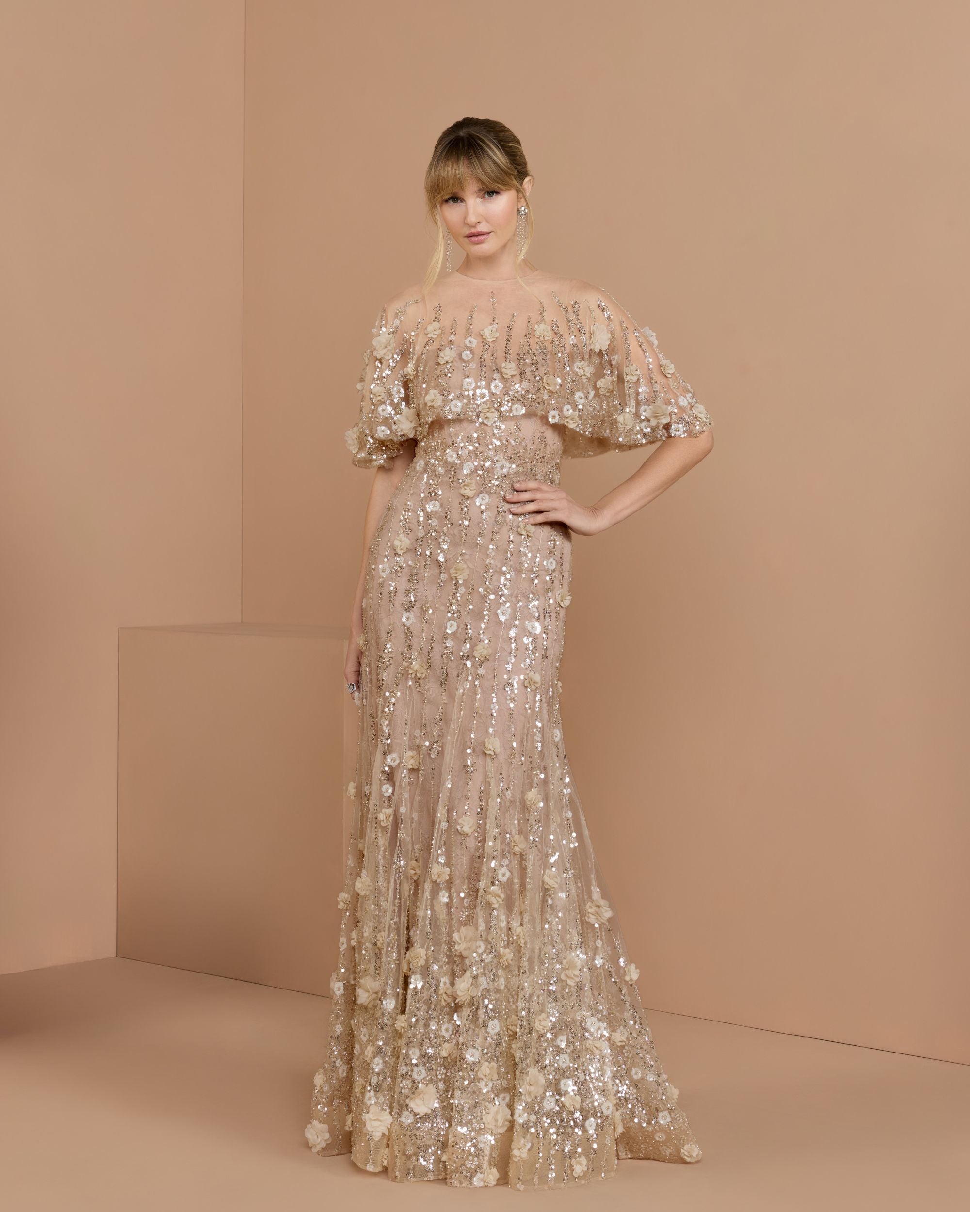 Petite Beige Embellished Cape Sleeve Mermaid Gown