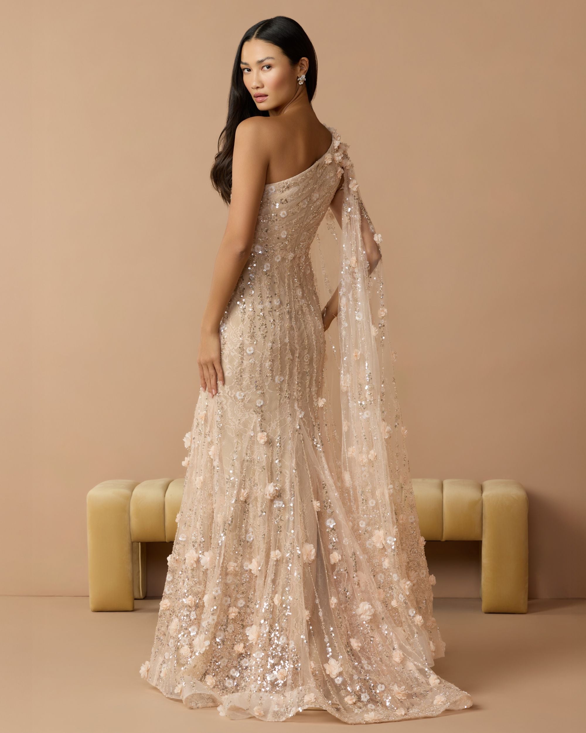 Petite Beige One Shoulder Embellished Gown With Cape Sleeve