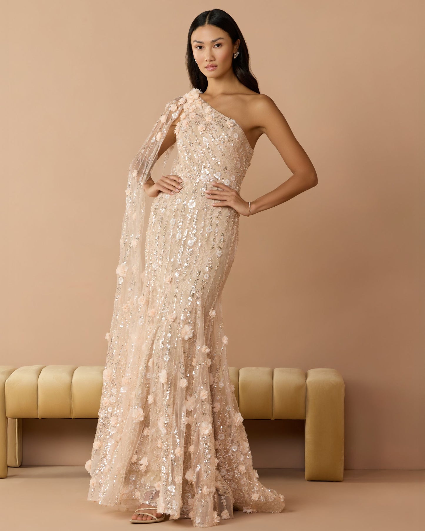 Petite Beige One Shoulder Embellished Gown With Cape Sleeve - Mac Duggal