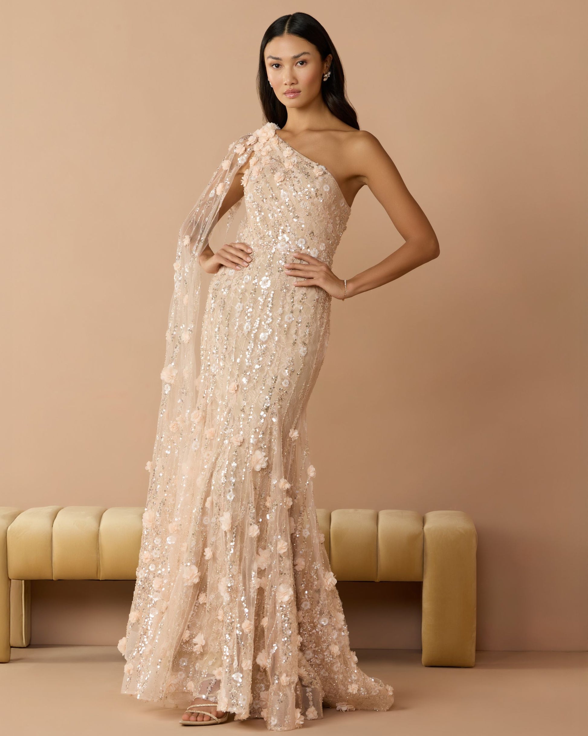 Petite Beige One Shoulder Embellished Gown With Cape Sleeve - Mac Duggal