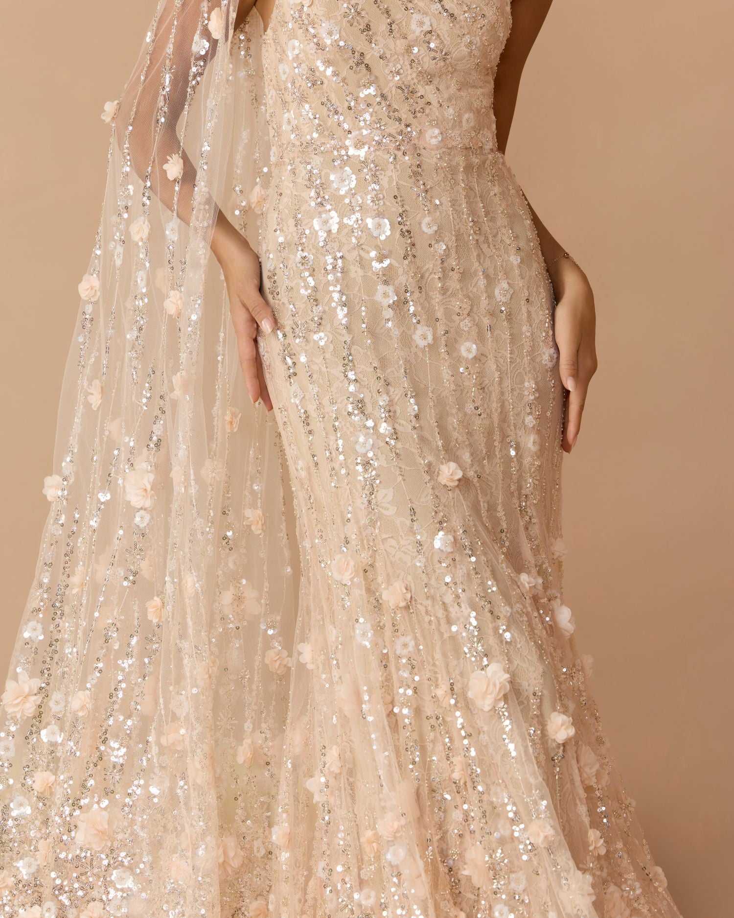 Petite Beige One Shoulder Embellished Gown With Cape Sleeve - Mac Duggal