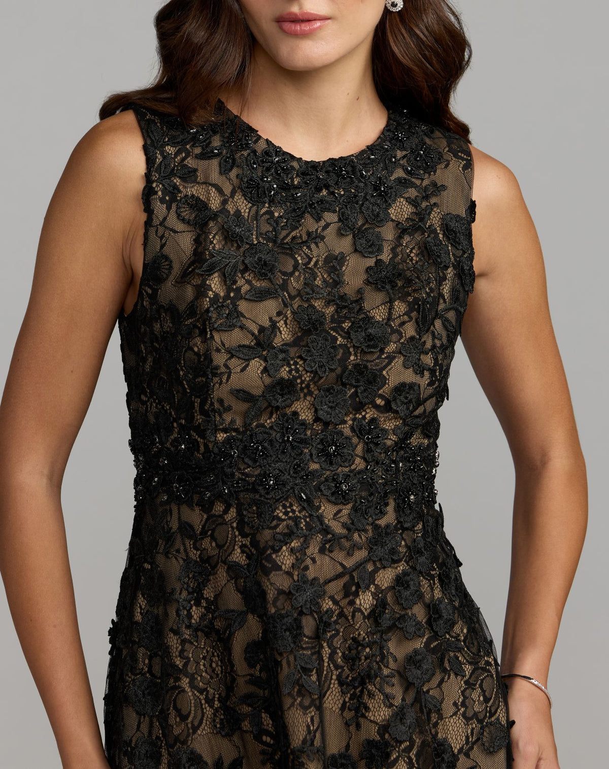 Petite Black Nude Floral Embroidered High Neck Midi Dress - Mac Duggal