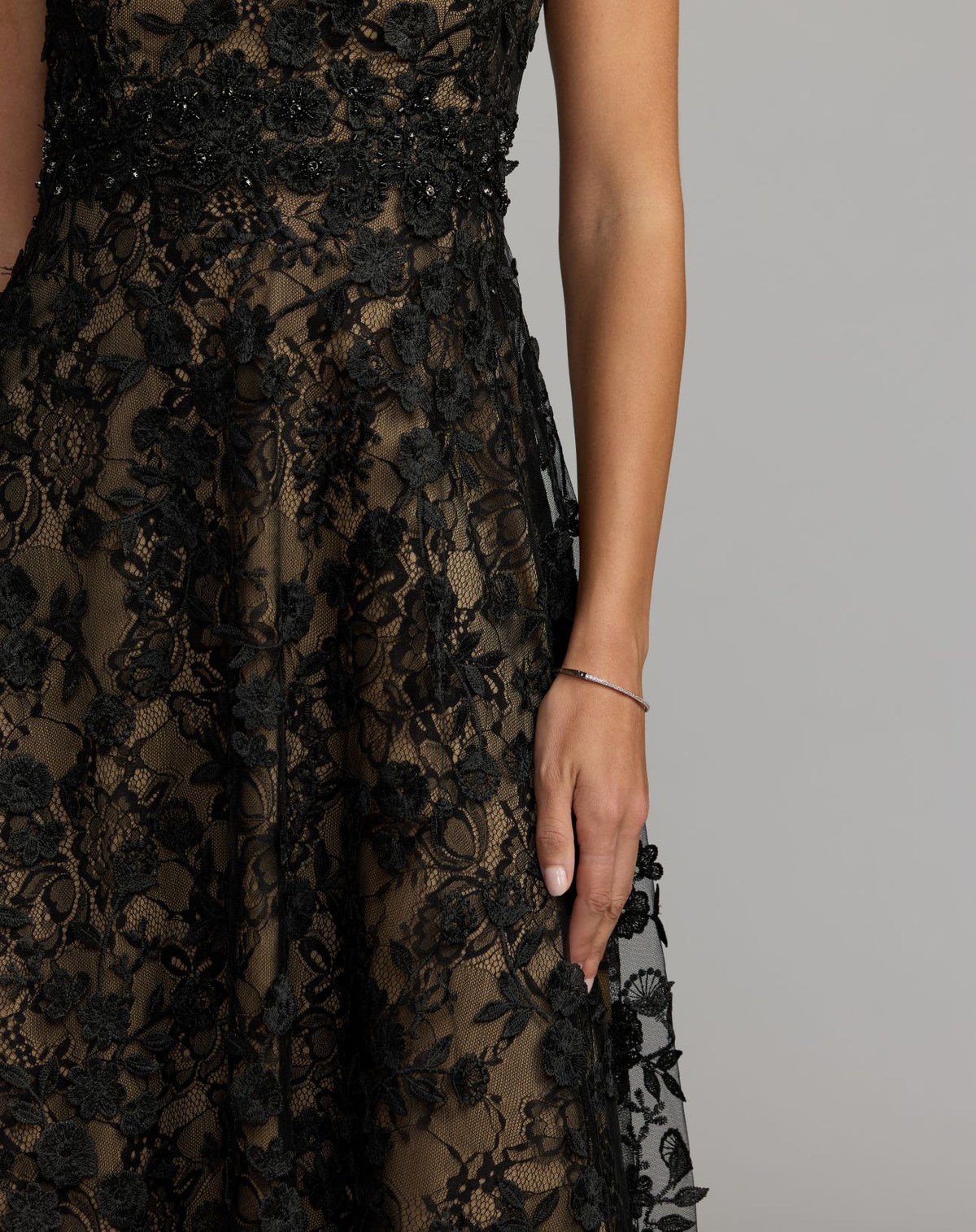 Petite Black Nude Floral Embroidered High Neck Midi Dress - Mac Duggal