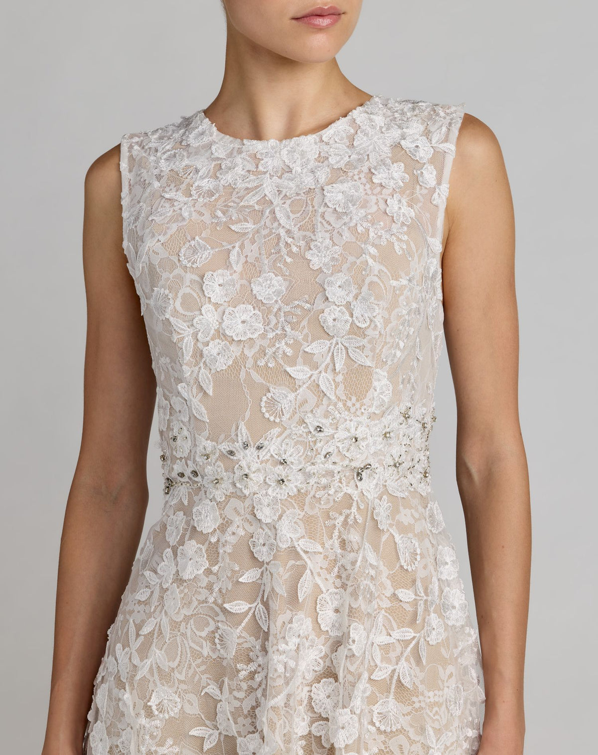Petite White Floral Embroidered High Neck Midi Dress - Mac Duggal