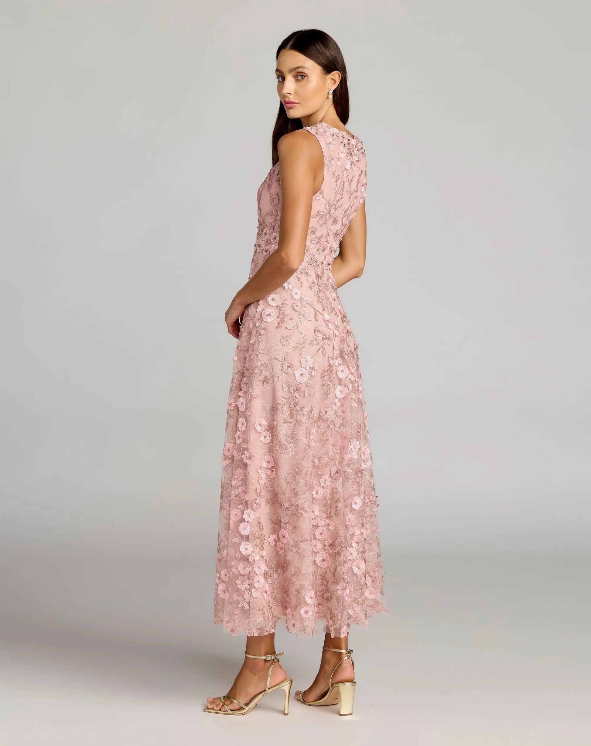 Petite Pink Floral Embroidered High Neck Midi Dress | Mac Duggal Petite Pink Floral Embroidered High Neck Midi Dress | Mac Duggal