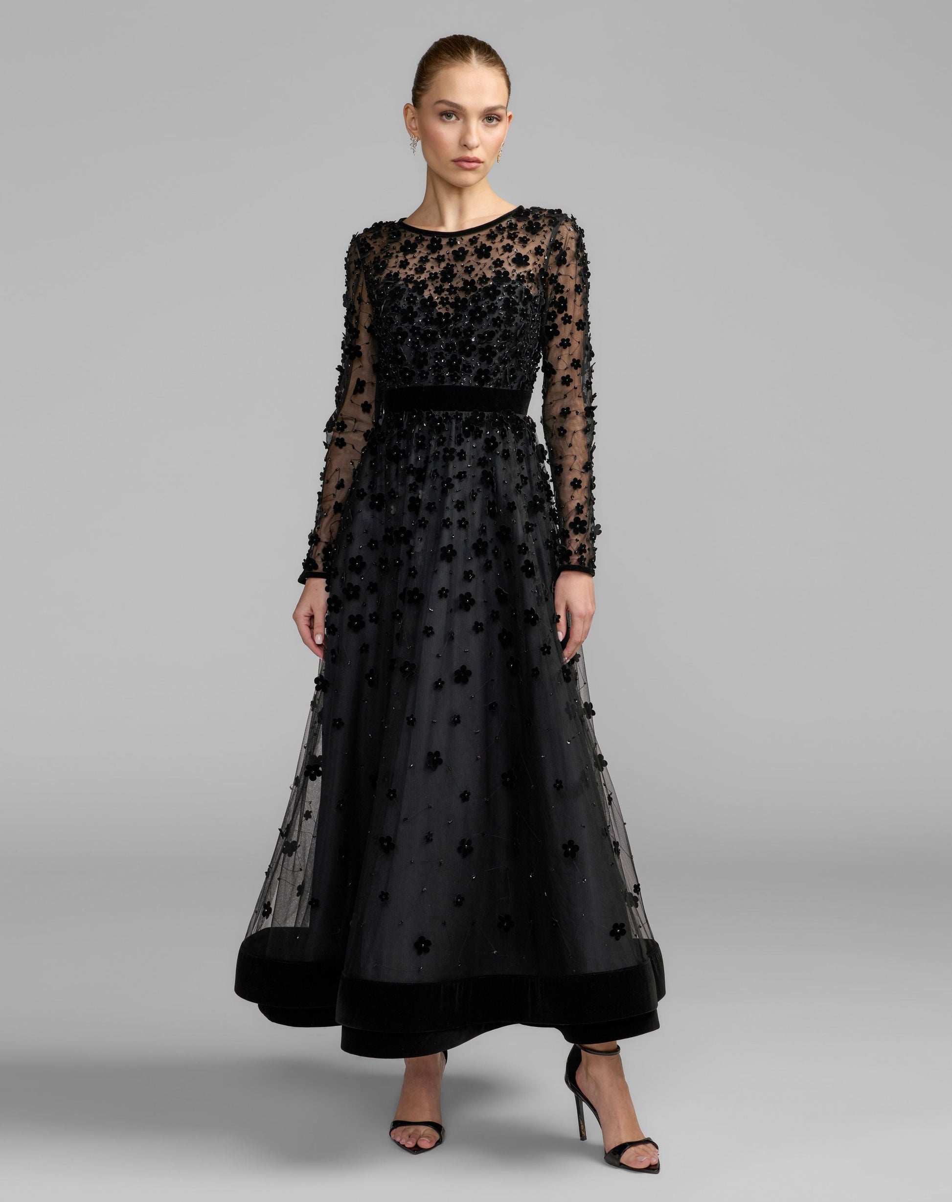 Petite Black Velvet Floral Appliqué Midi Dress