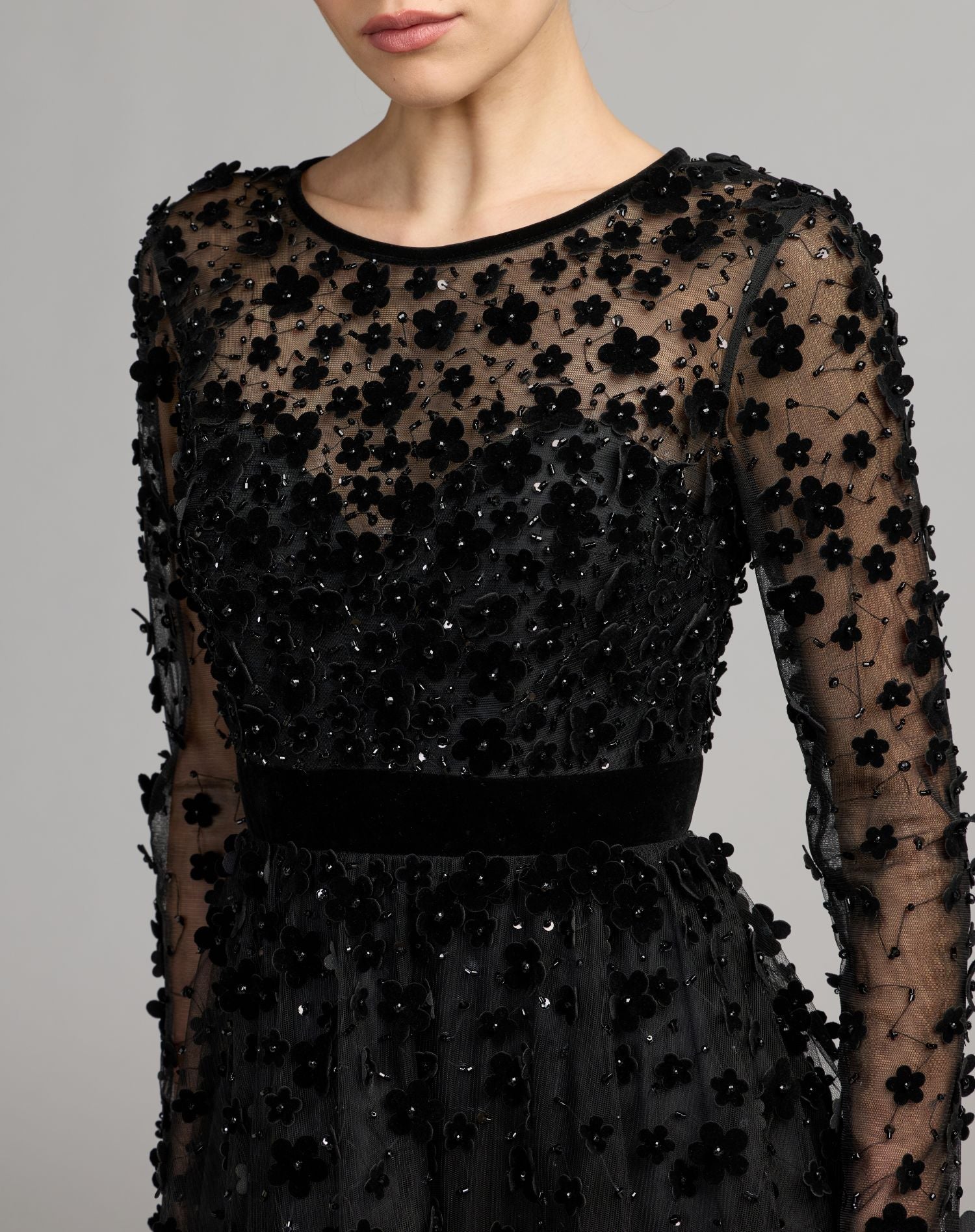 Petite Black Velvet Floral Appliqué Midi Dress