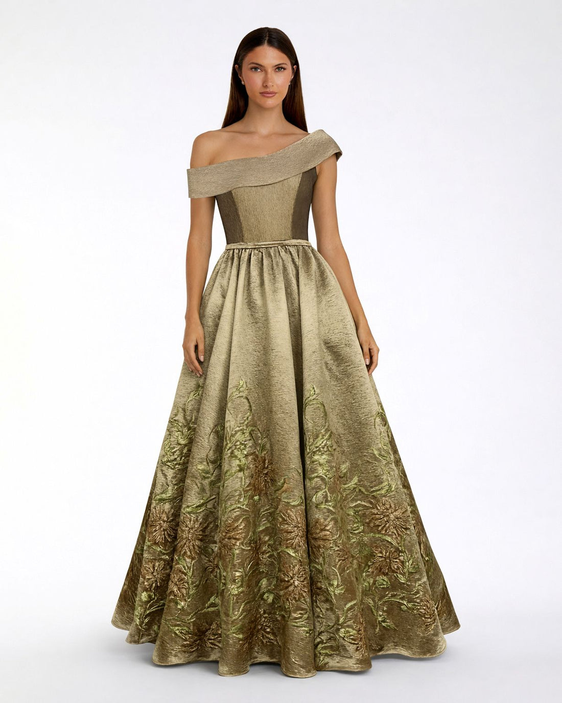 Petite Beige Floral Off The Shoulder Ballgown - Mac Duggal