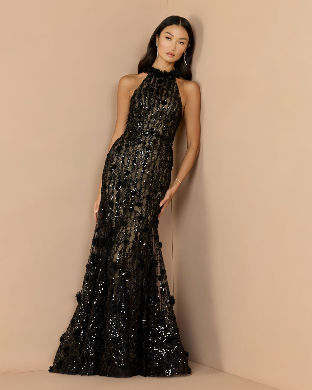 Petite Black Nude Embellished Lace Sleeveless Halter Neck Gown - Mac Duggal