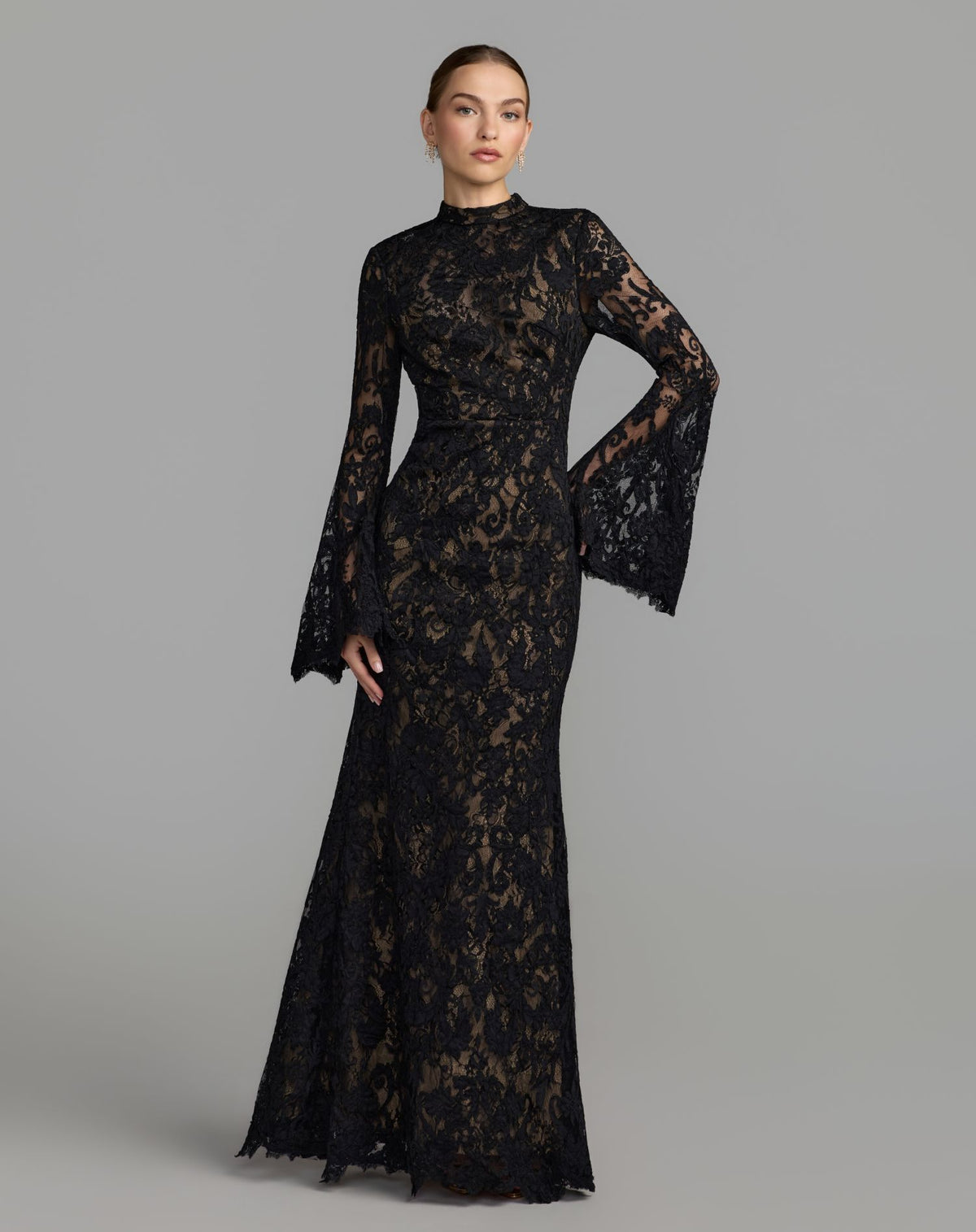 Petite Black Nude Mock Neck Long Sleeve Lace Gown - Ieena for Mac Duggal