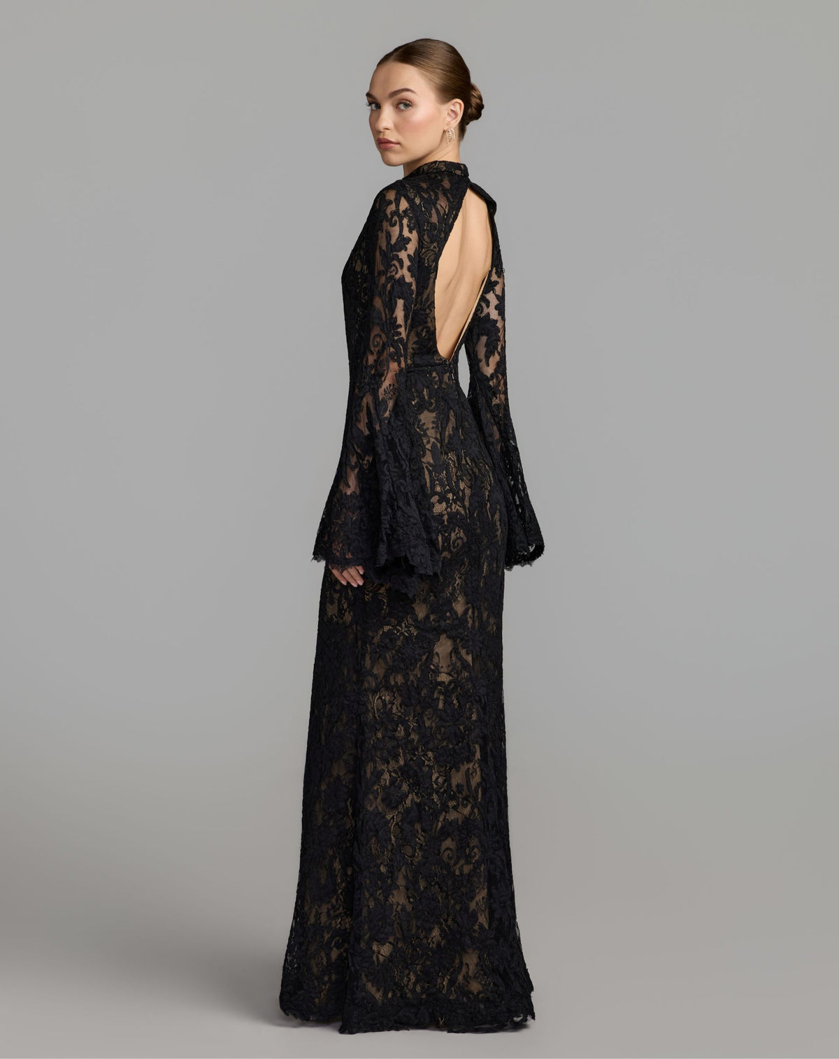 Petite Black Nude Mock Neck Long Sleeve Lace Gown - Ieena for Mac Duggal