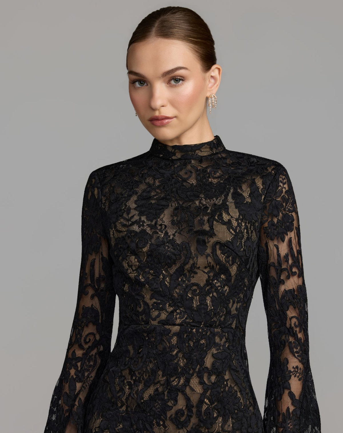 Petite Black Nude Mock Neck Long Sleeve Lace Gown - Ieena for Mac Duggal