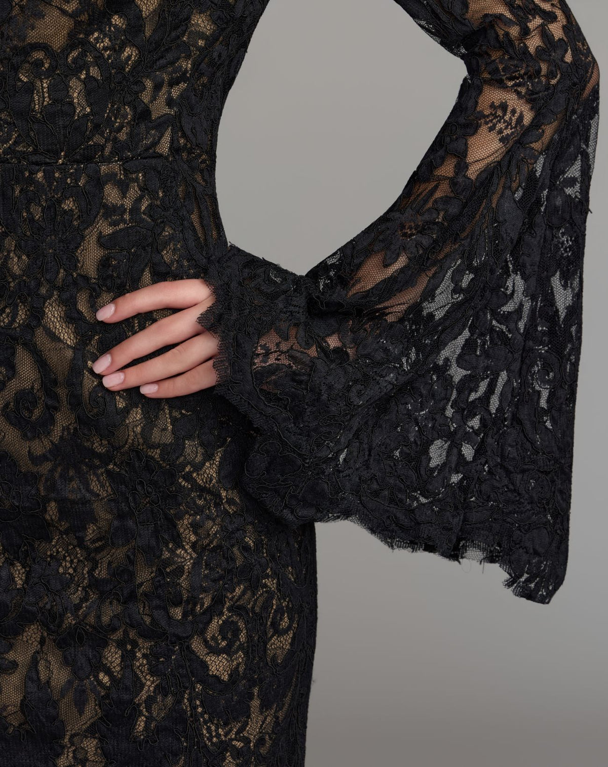 Petite Black Nude Mock Neck Long Sleeve Lace Gown - Ieena for Mac Duggal
