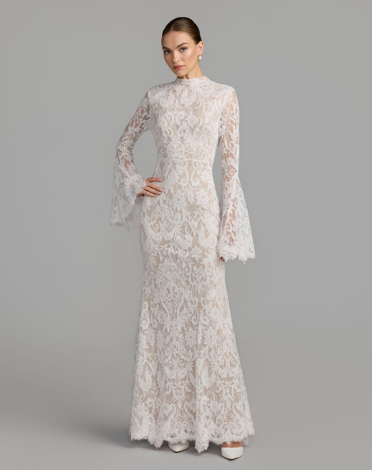 Petite White Mock Neck Long Sleeve Lace Gown - Ieena for Mac Duggal