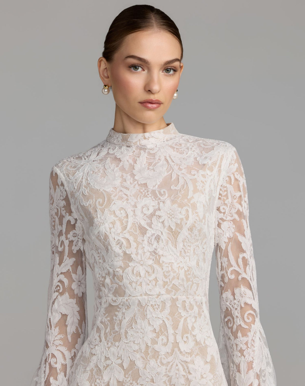 Petite White Mock Neck Long Sleeve Lace Gown - Ieena for Mac Duggal