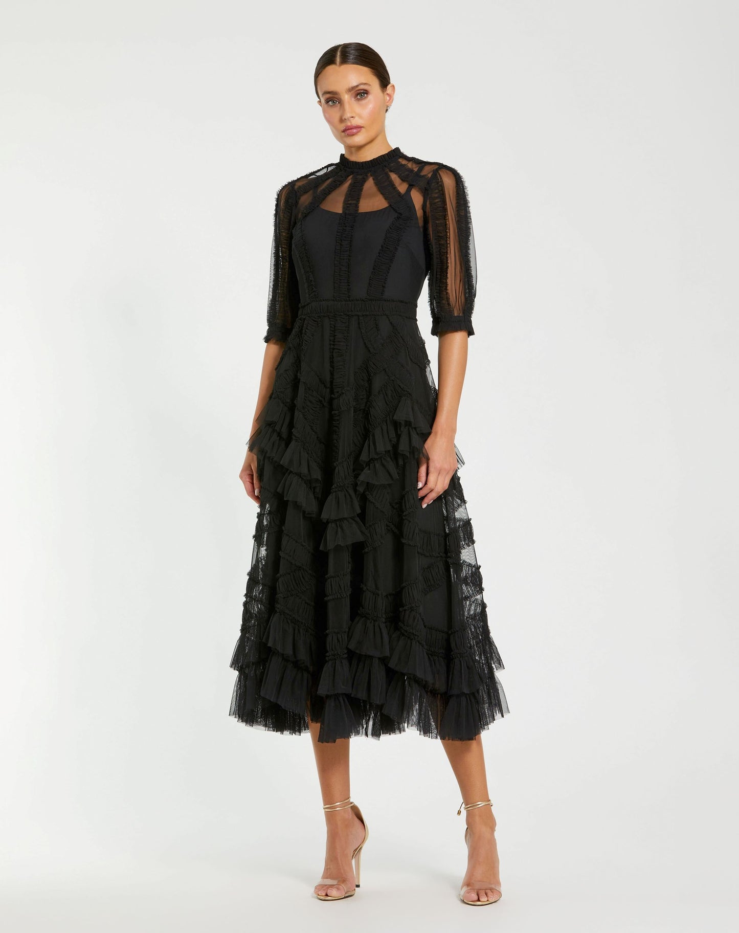 Petite Black High Neck Ruffle Tiered A-Line Midi Dress - Mac Duggal